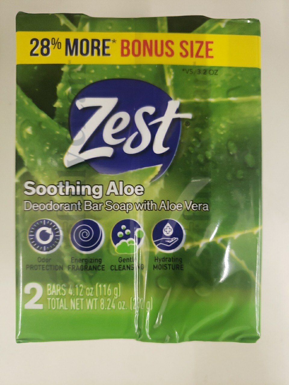 New Zest Soothing Aloe, Deodorant Bar Soap With Aloe Vera, 2x Bars 4.12oz Each