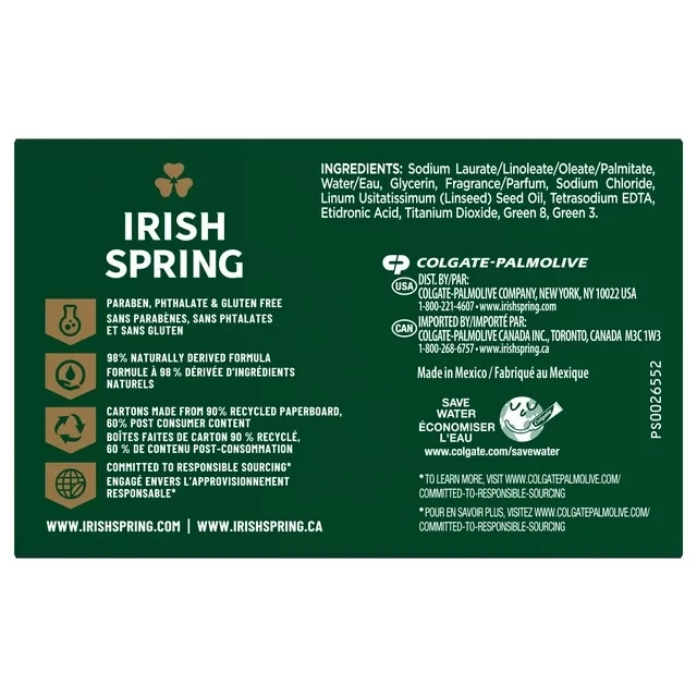 Irish Spring Original Deodrant Soap Unisex Soap, 3.75 Oz Bars, 8-Count