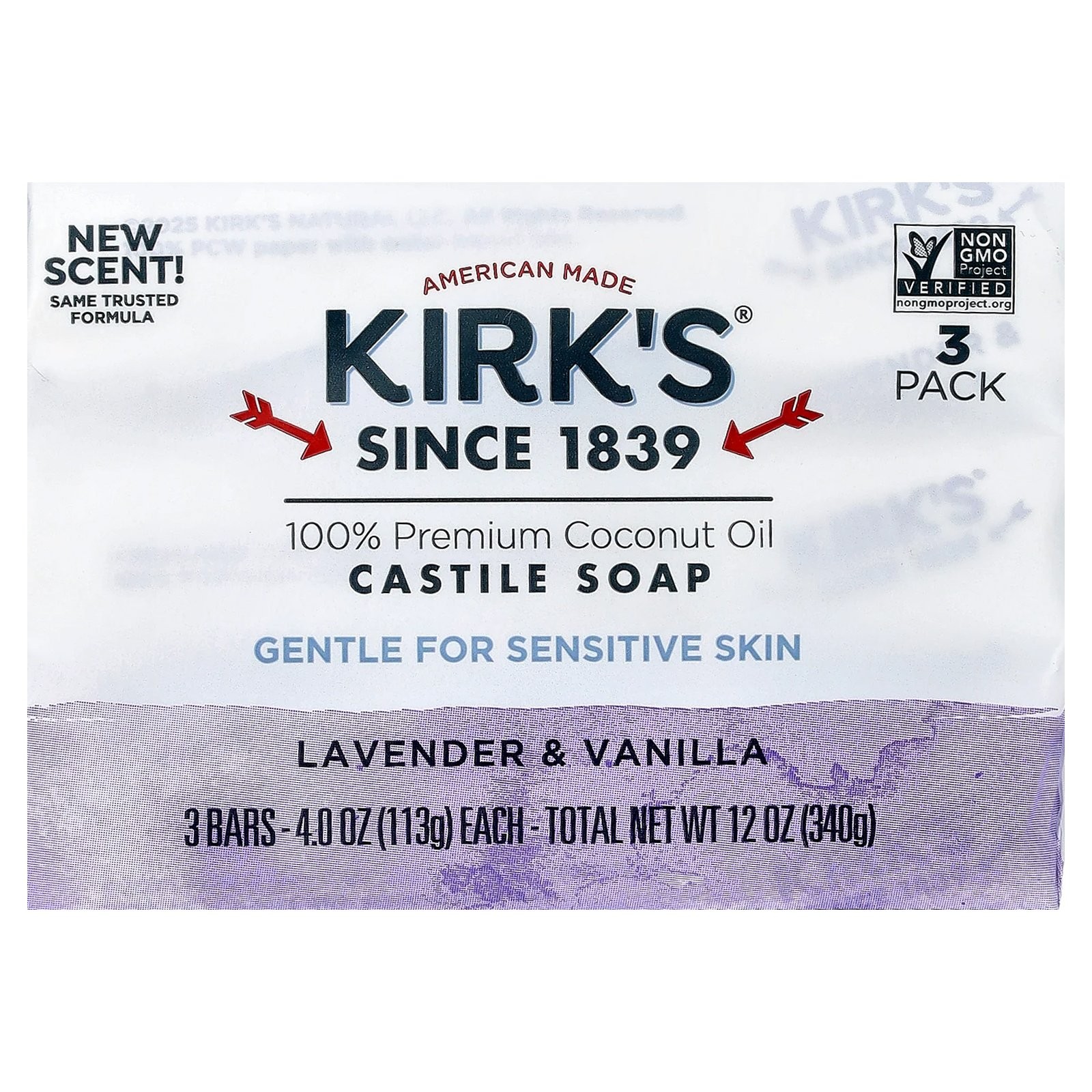 100% Premium Coconut Oil Castile Bar Soap, Lavender & Vanilla, 3 Bars, 4 oz (113