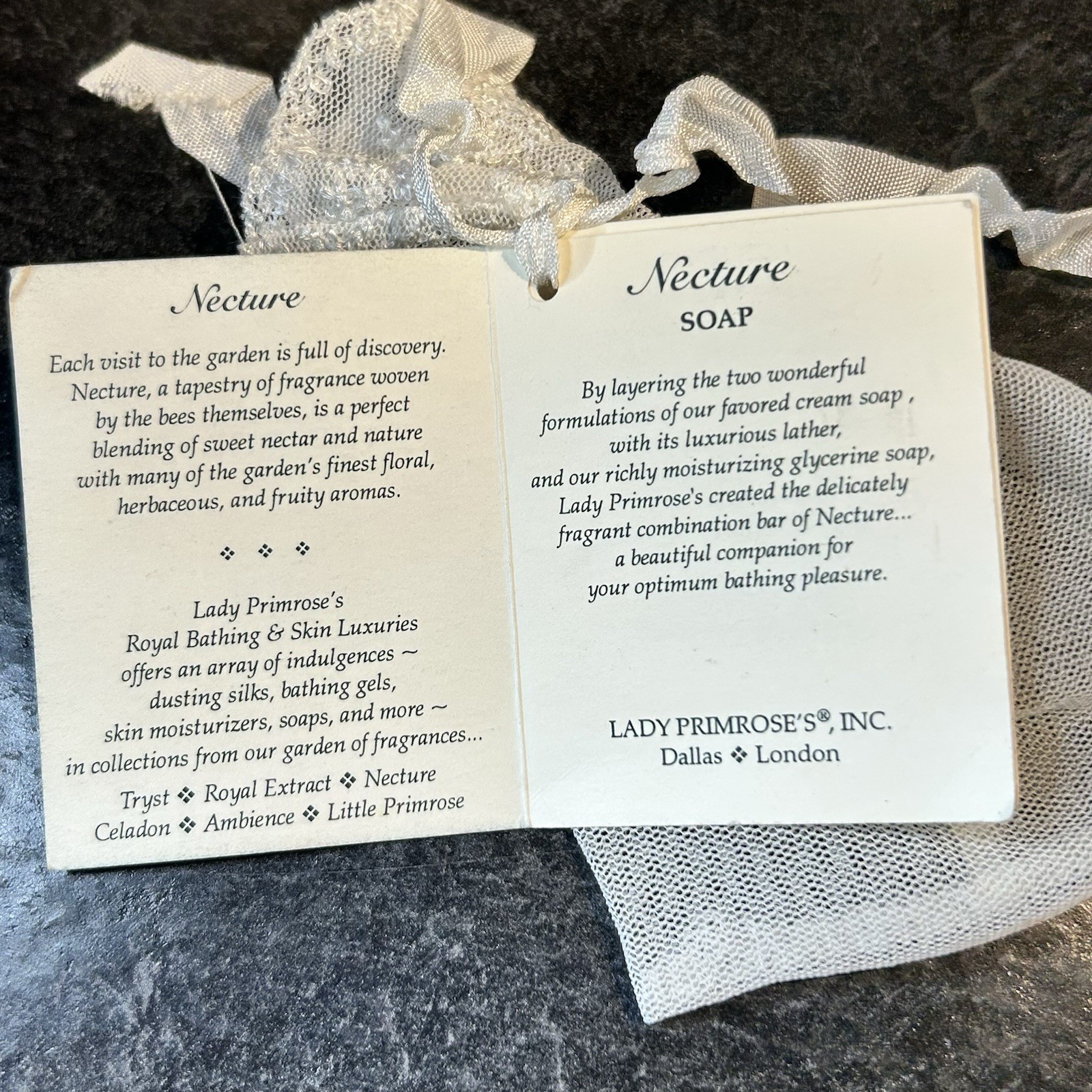 Lady Primrose Necture Dual Pour Cream & Glycerin 3 oz Soap W Lace Exfoliant Sac