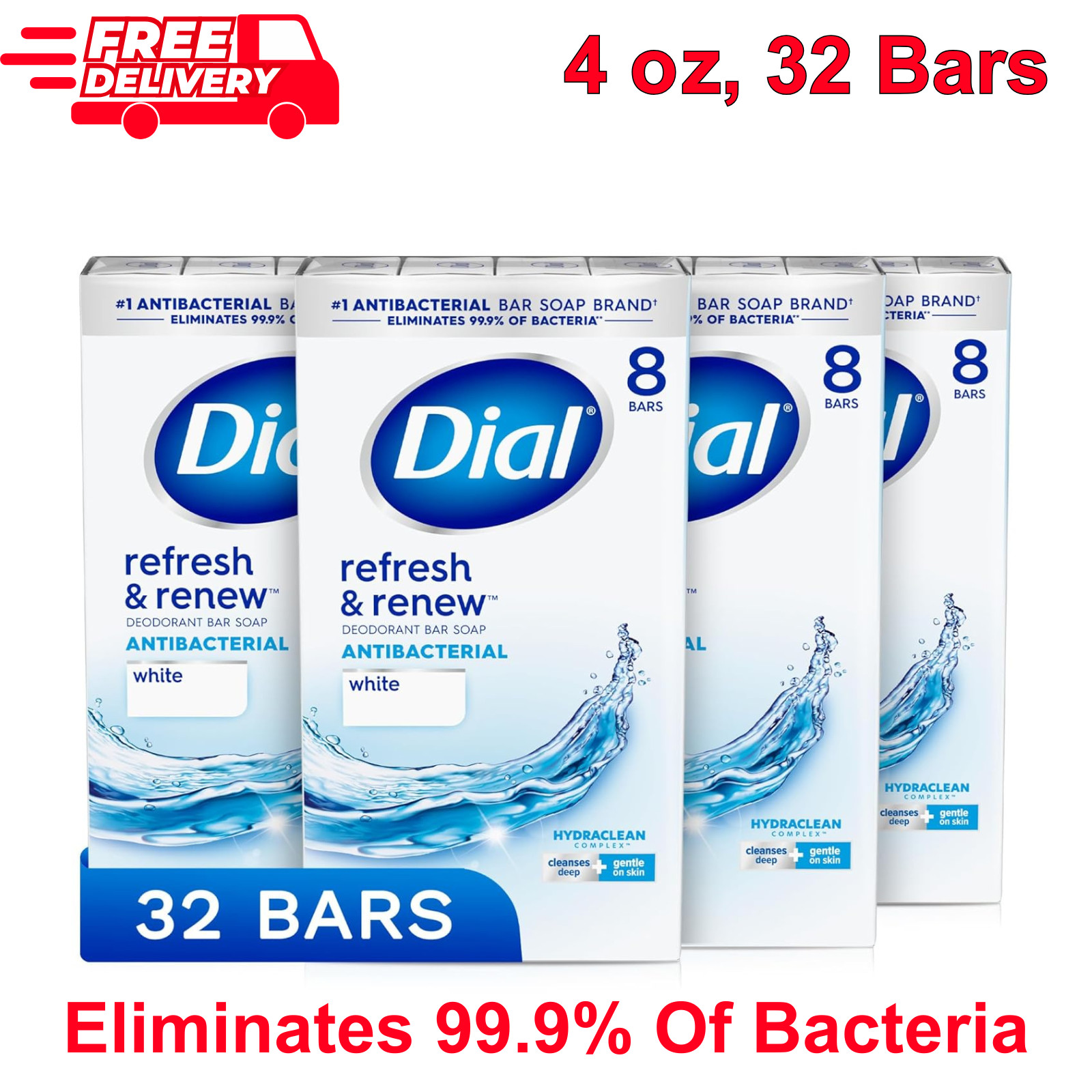Dial Antibacterial Bar Soap, Refresh & Renew, White, 4 oz, 32 Bars