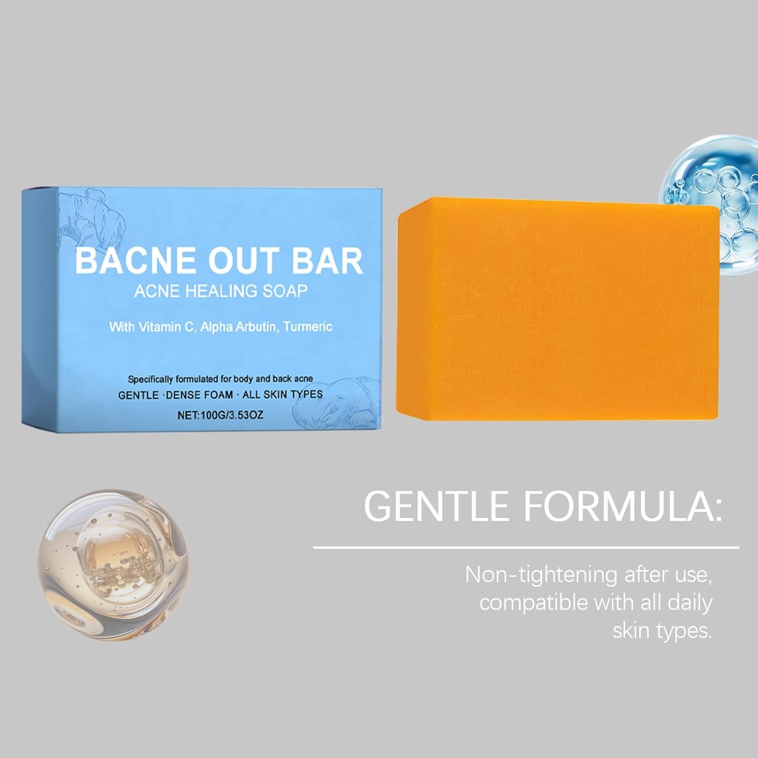 Natural Acne Treatment Vitamin C Bacne Out Bar Soap, Turmeric & AlphaArbutin