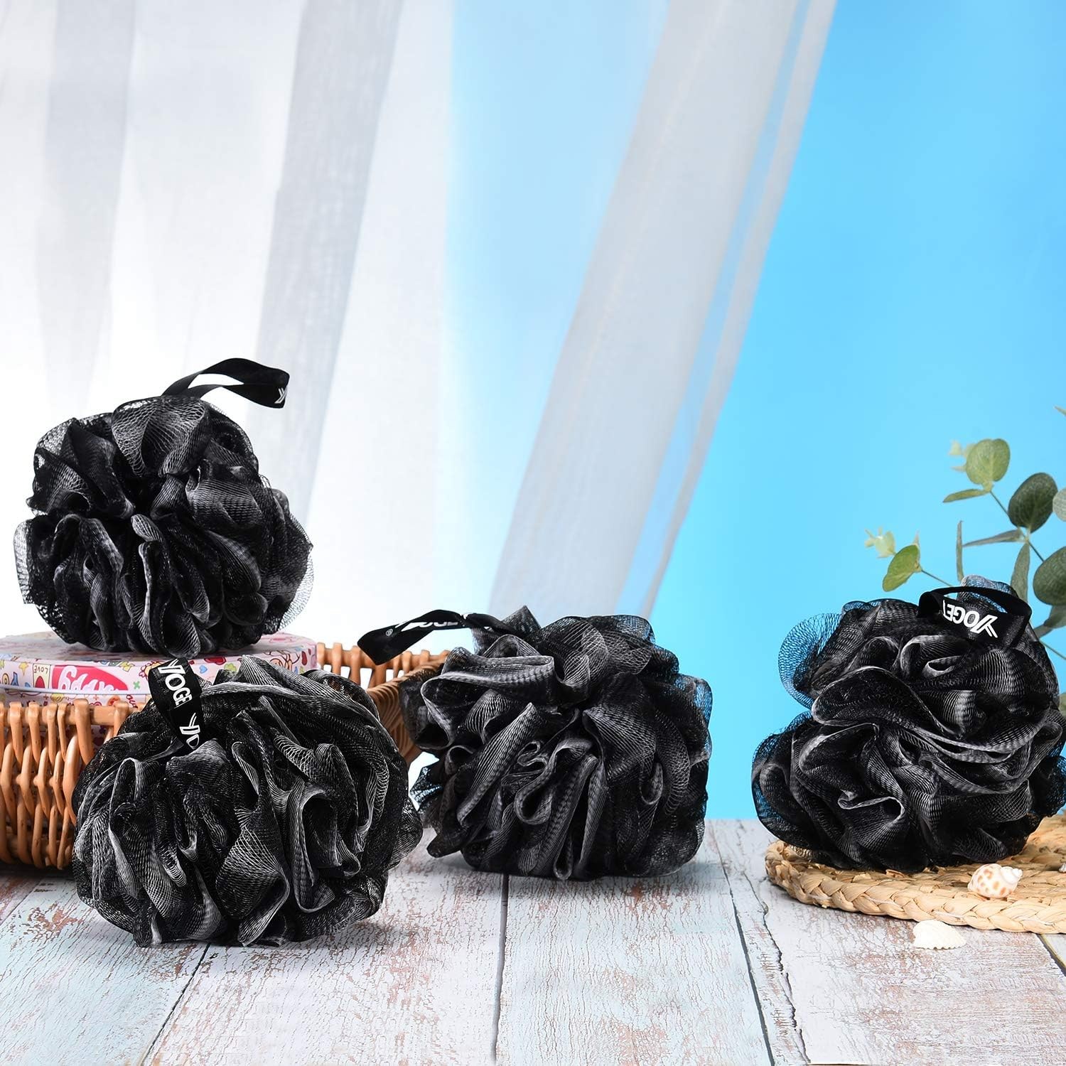 Yoget Bath Loofah Sponge, 4 Pack Black 60G Shower Mesh Ball Soft Pouf
