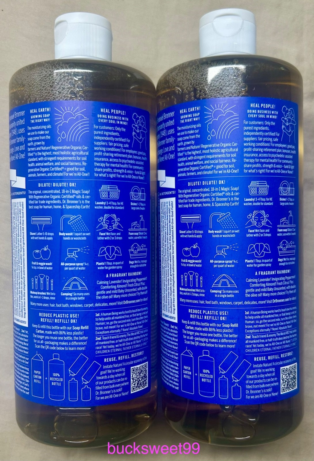 Dr. Bronner’s Pure Castile MAGIC Liquid Soap PEPPERMINT -32 oz each – 2 Bottles