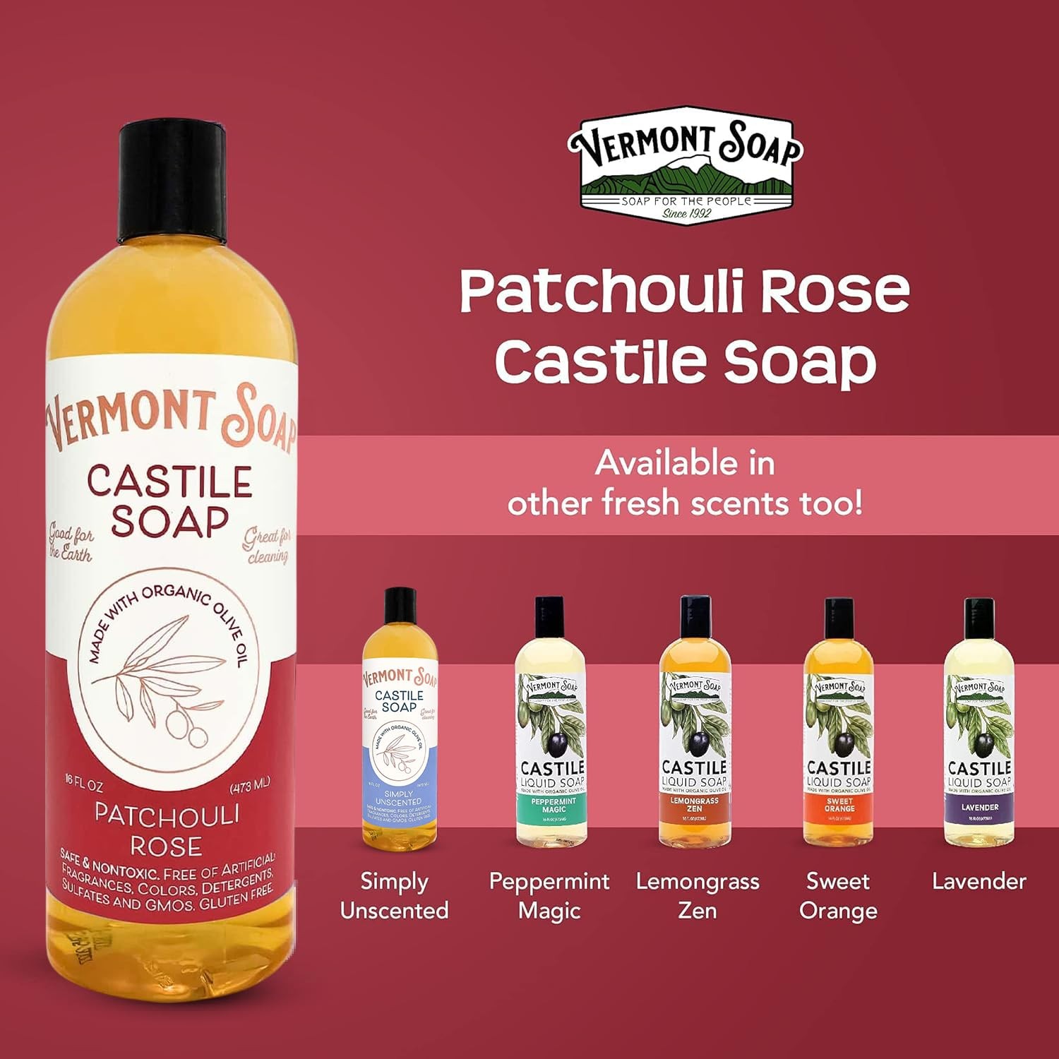 Vermont Castile Soap Patchouli Rose, Gentle Liquid Soap for Sensitive Skin & …