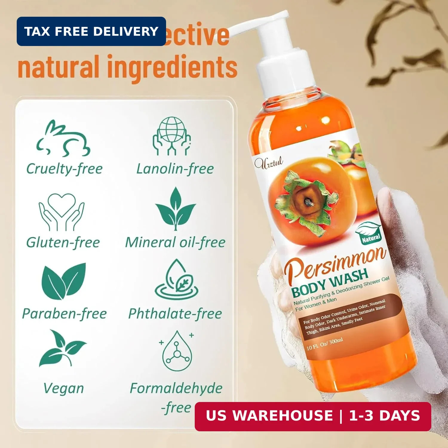 Persimmon Body Wash for Body Odor Control，Natural Bath Deodorant Bar Soap for St