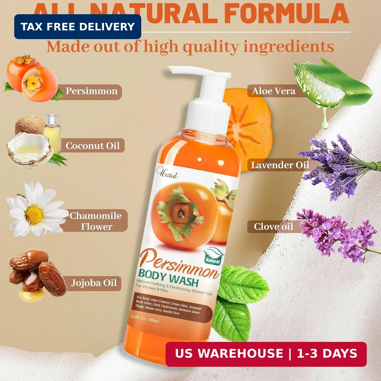 Persimmon Body Wash for Body Odor Control，Natural Bath Deodorant Bar Soap for St