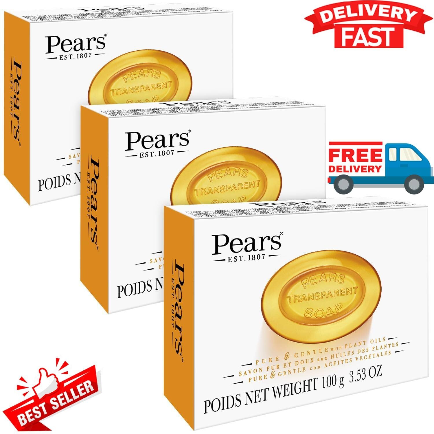 Pack of 3 Pears Transparent Glycerin, Natural Oils Bar Soap 3.53 Oz ORANGE COLOR
