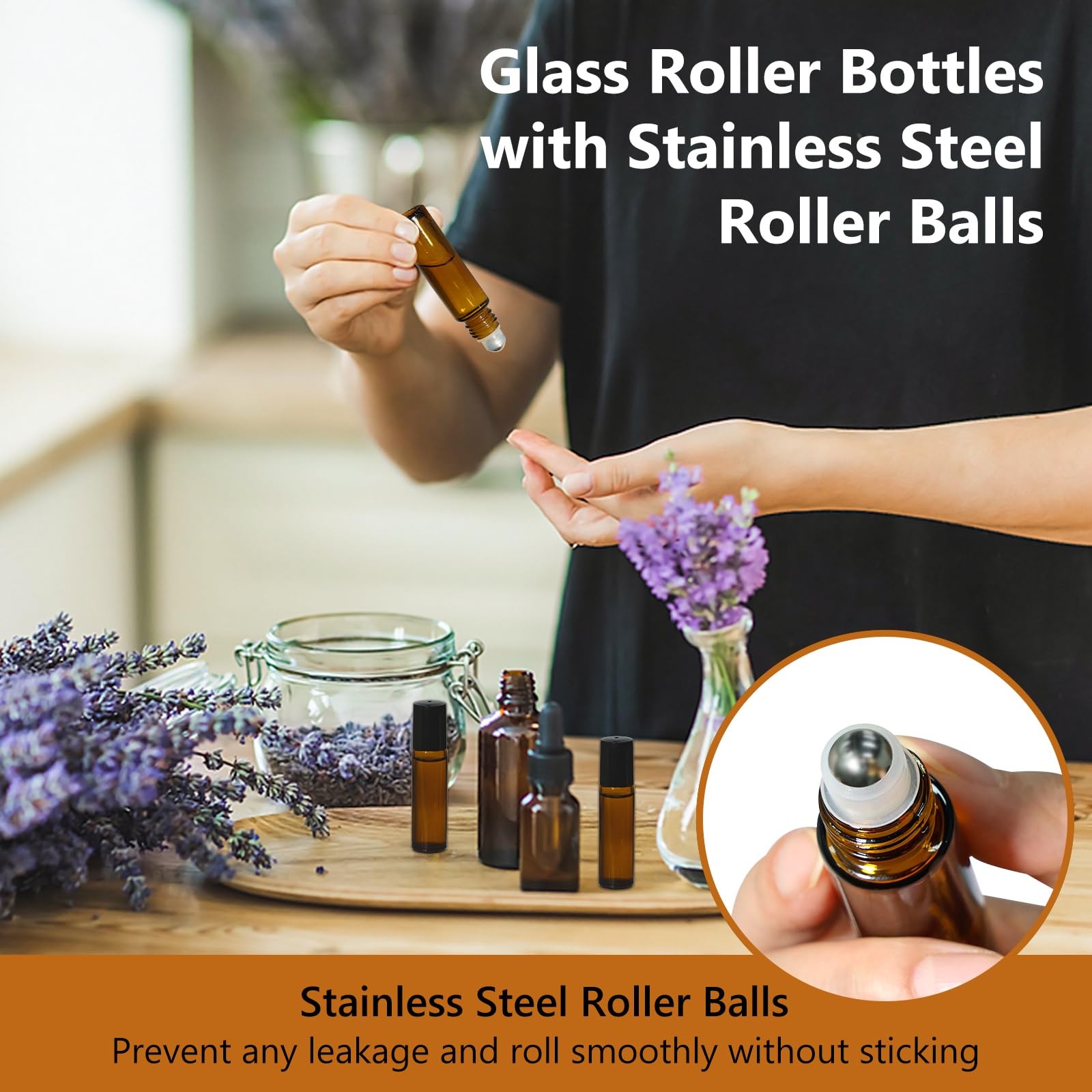 KEYWING 10ml Amber Glass Roller Bottles for Essential Oils – 24 Pack