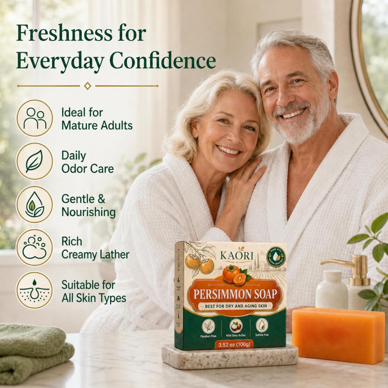 Persimmon Soap Green Tea Extract For Dry Aging Skin Unisex 1pc