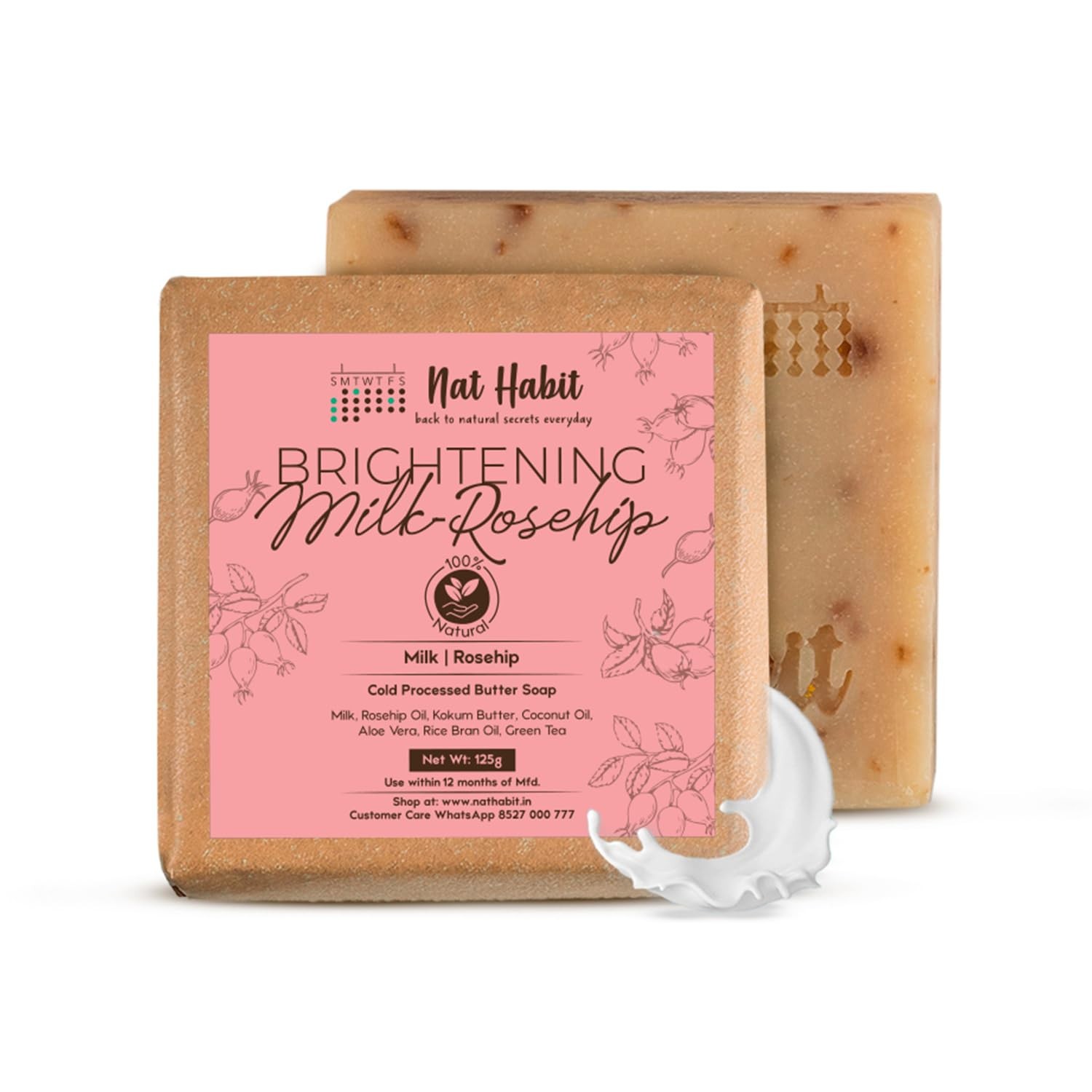 Nat Habit Brightening Milk-Rosehip Bath Soap for Cold Processed, Whitening 125gm