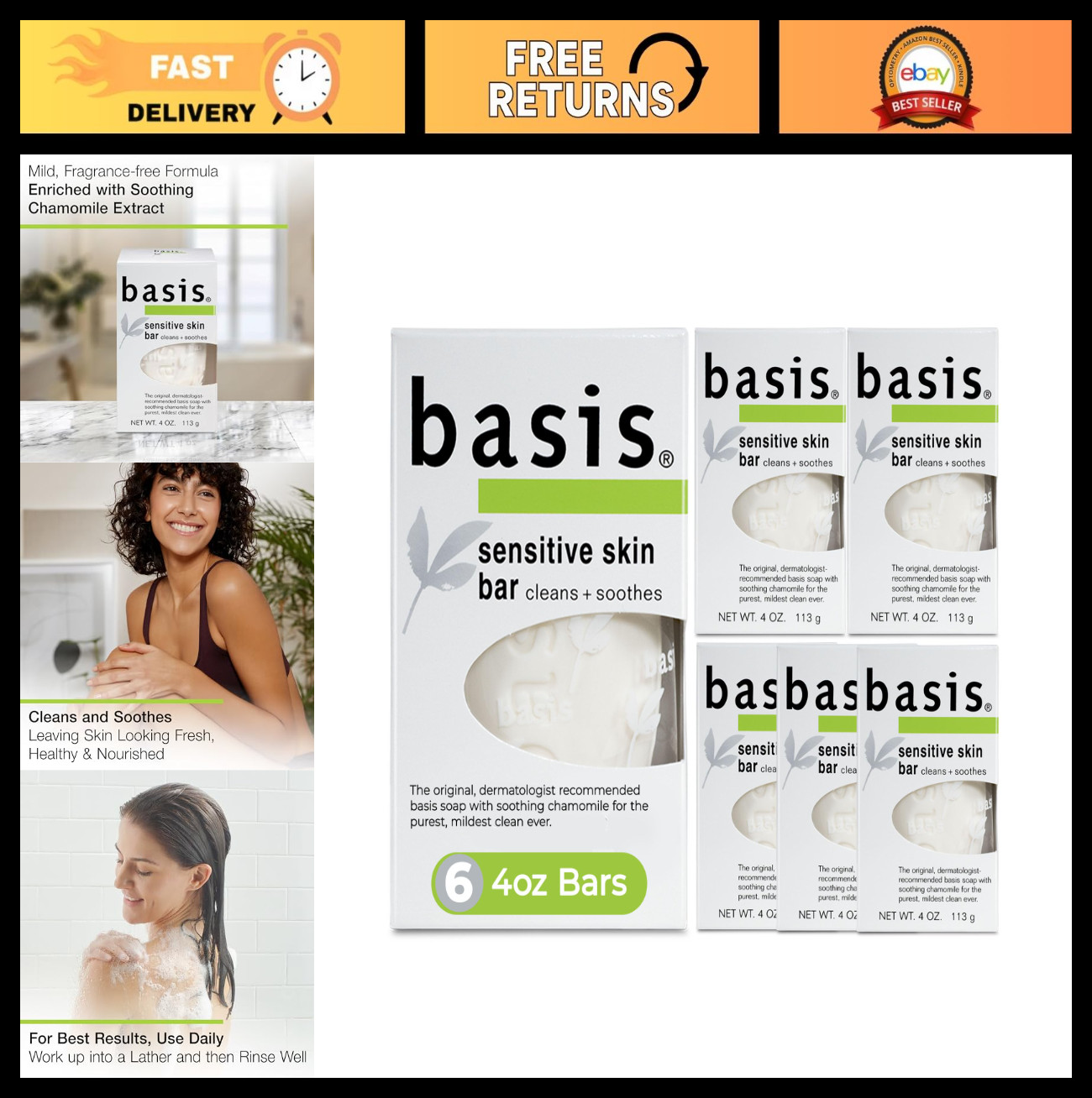 Unscented Sensitive Skin Bar Soap with Chamomile & Aloe Vera – 6 Pack, 4 Oz Each