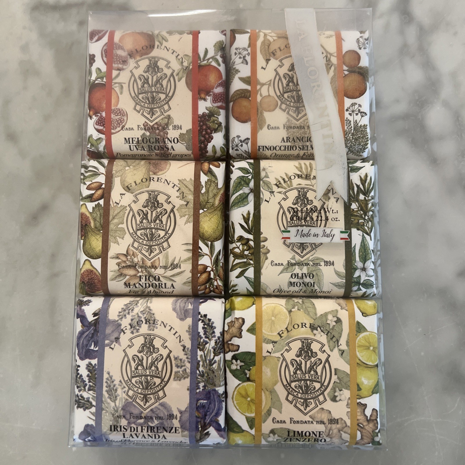 LA FLORENTINA Italian Soap Set 6pcs 3.7ozEa LavenderFigOrangeIrisLemonGrape New