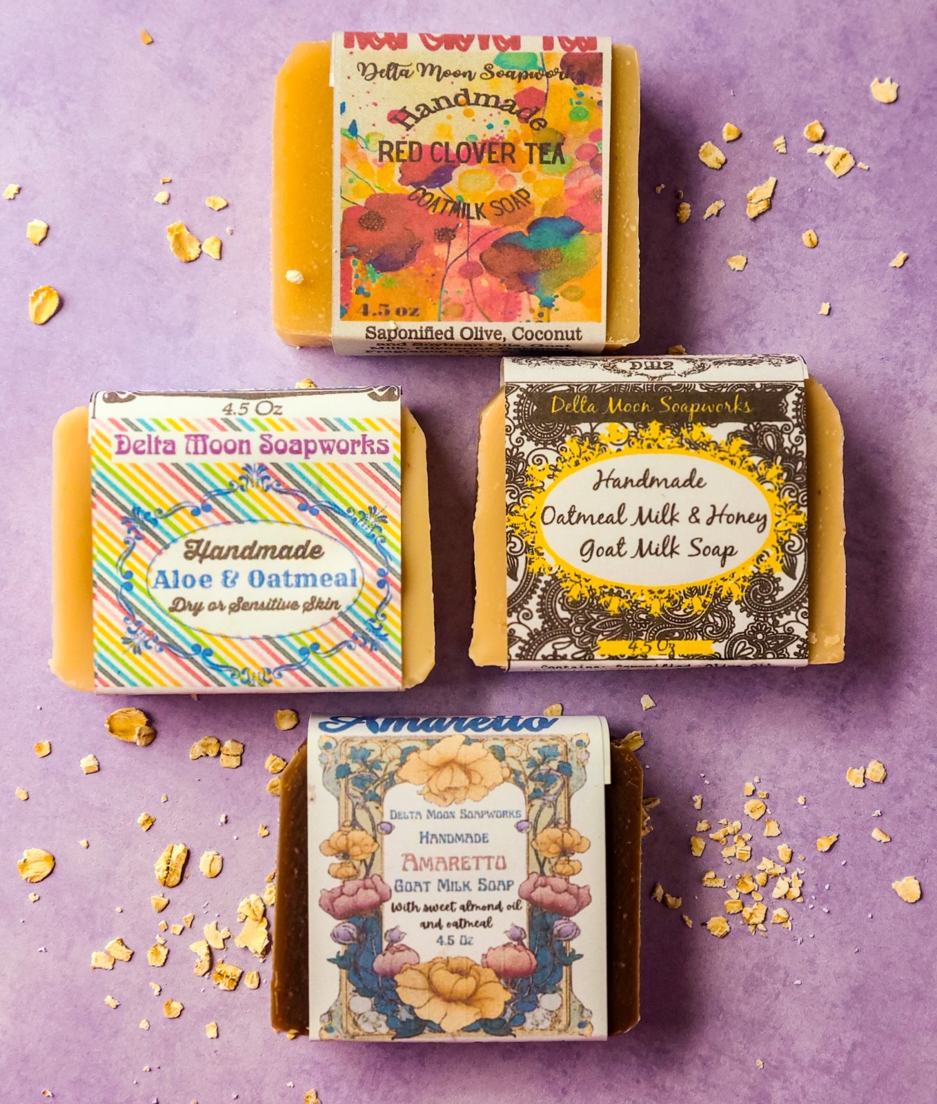 Four Handmade Oatmeal Goat Milk Soaps, natural cold process soap, + samples