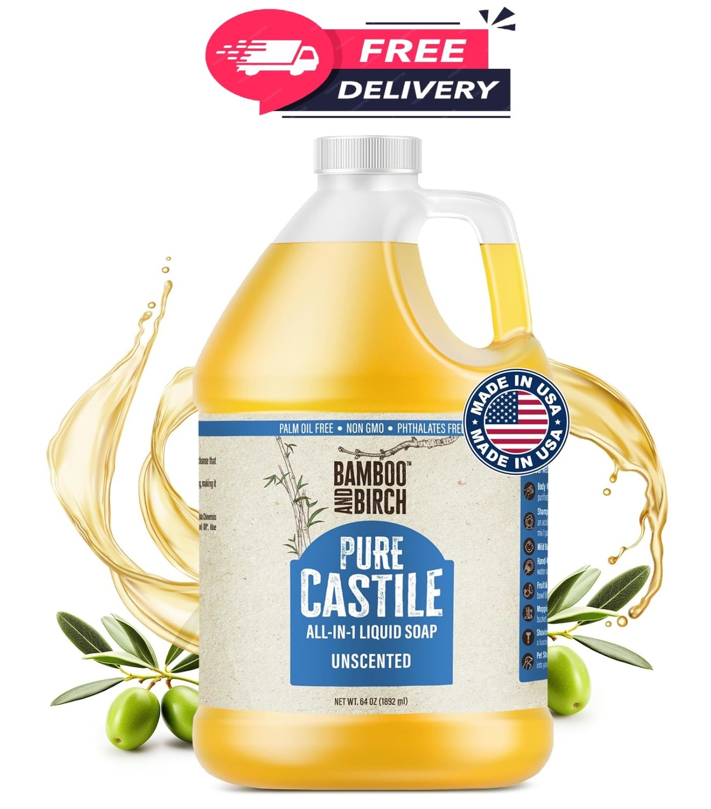 Pure Castile Soap Liquid Organic, Certified Palm 64 Fl Oz (Pack of 1) Unscented