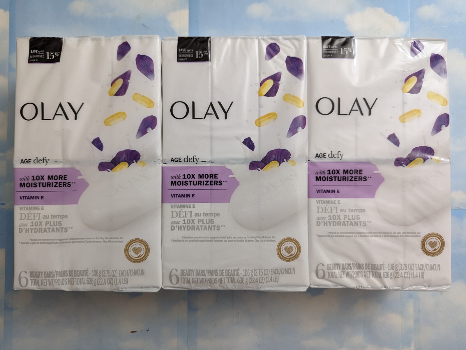 LOT (3) OLAY AGE DEFY BEAUTY BAR SOAP 10X MOISTURIZER VITAMIN E 3.75 OZ 18 BARS