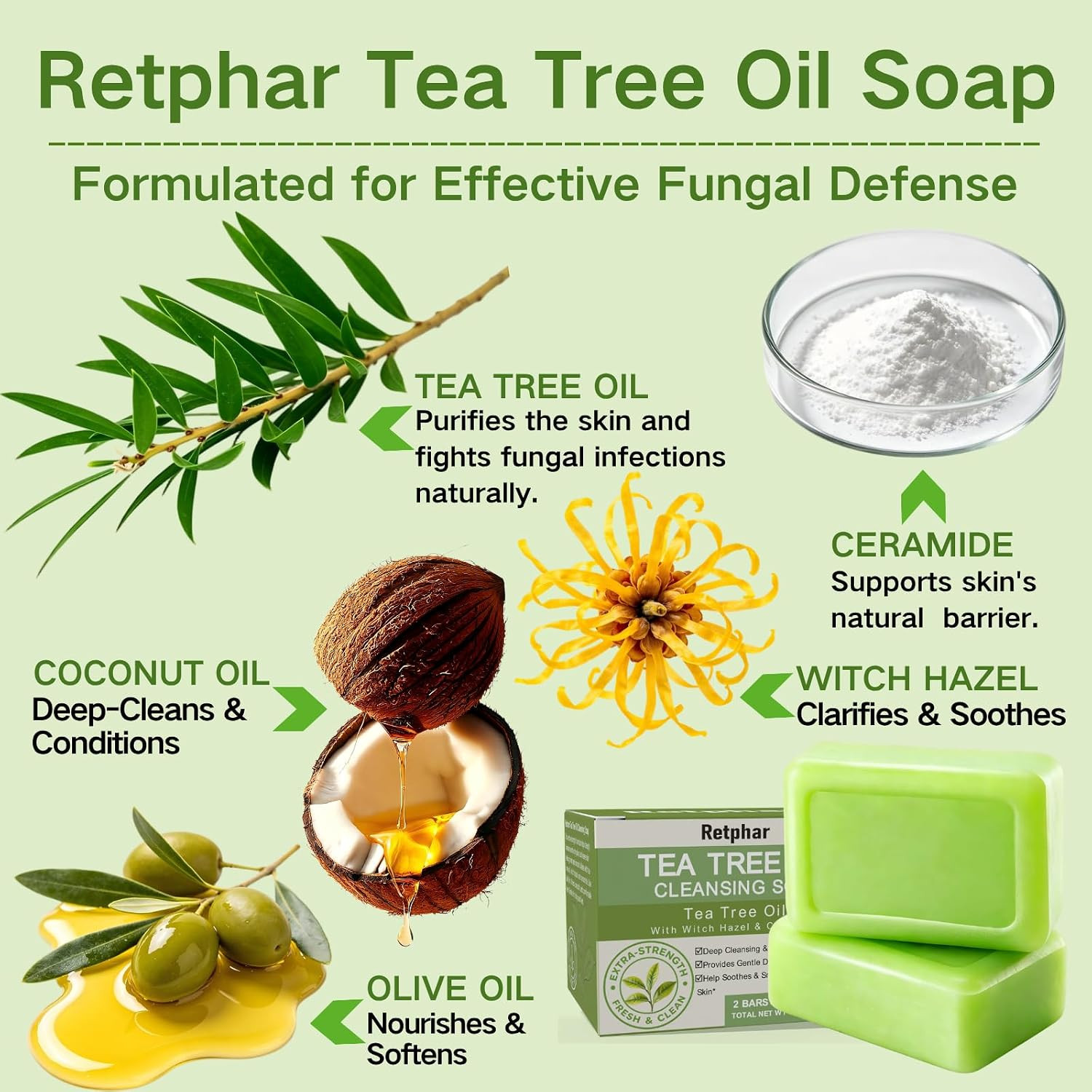 Antifungal Tea Tree Oil Soap Bar, 4.2 Oz Each 2 Pack | Green Herbal Cleansing, F