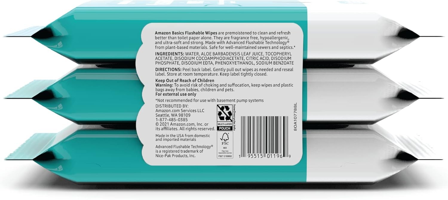 Amazon Basics Adult Wet Wipes Flushable Fragrance Free, 42 Count (Pack of 3)