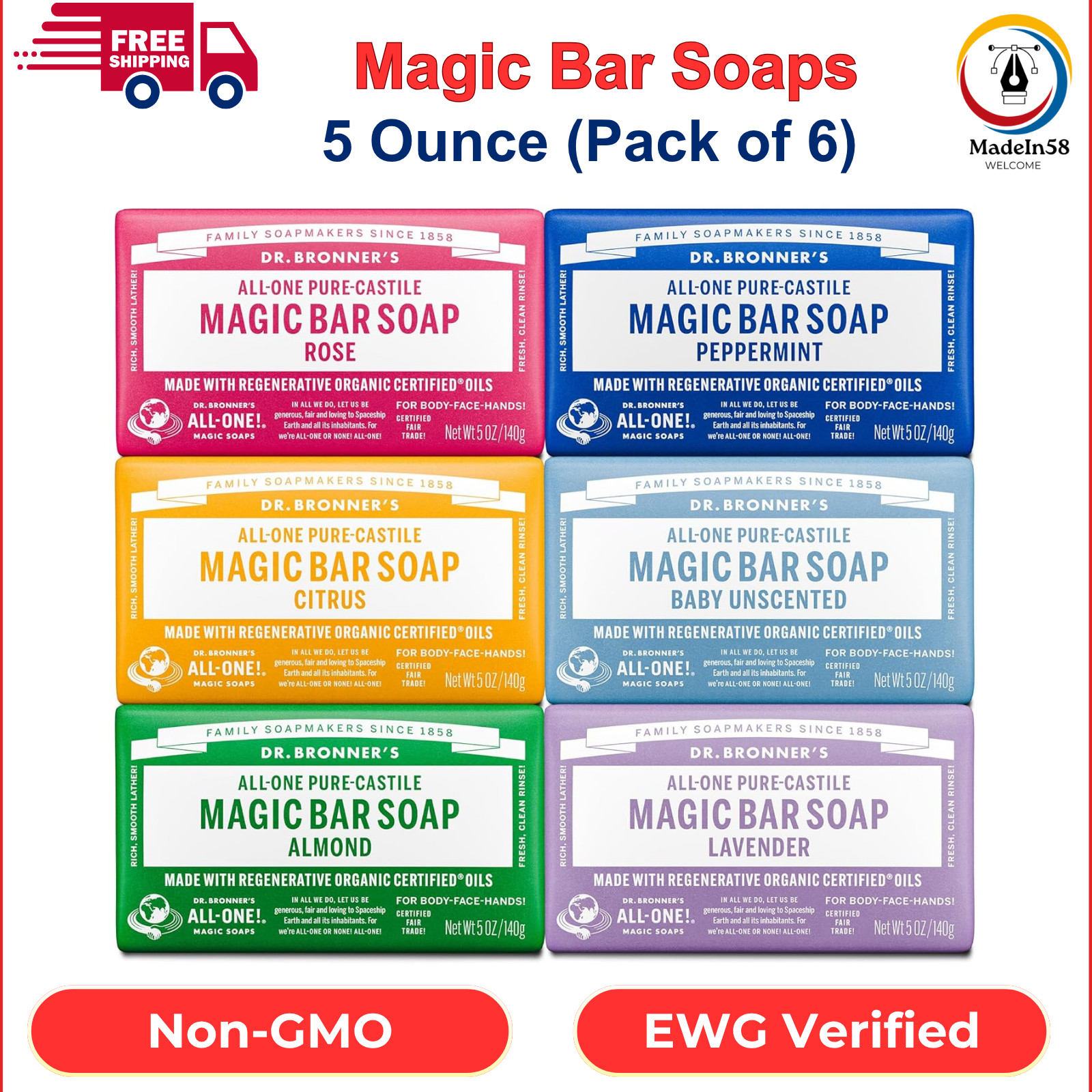 Dr Bronner’s Pure Castile Bar Soap Variety Pack 5 Ounce Bars, Vegan, Non-GMO