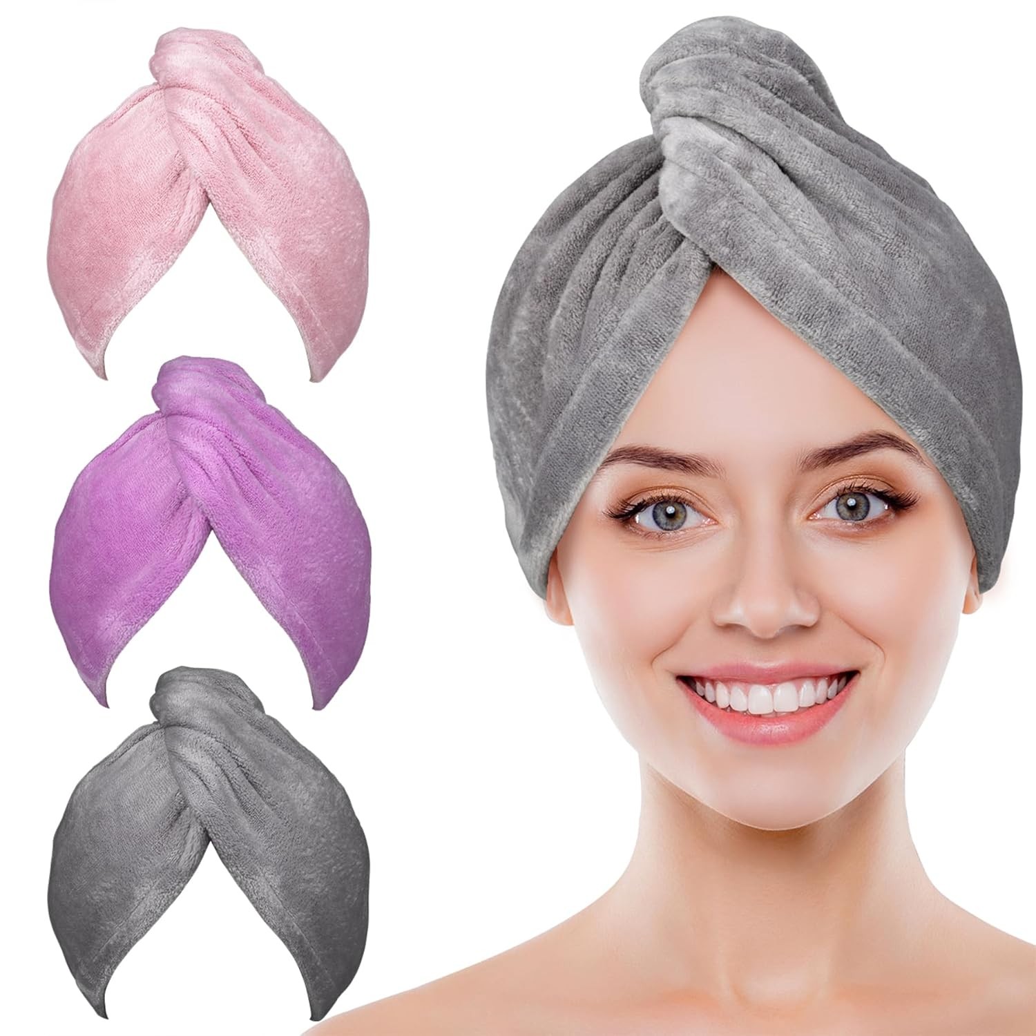 POPCHOSE Microfiber Hair Towel Wrap, Fast Drying Grey + Pink + Purple 3 Packs