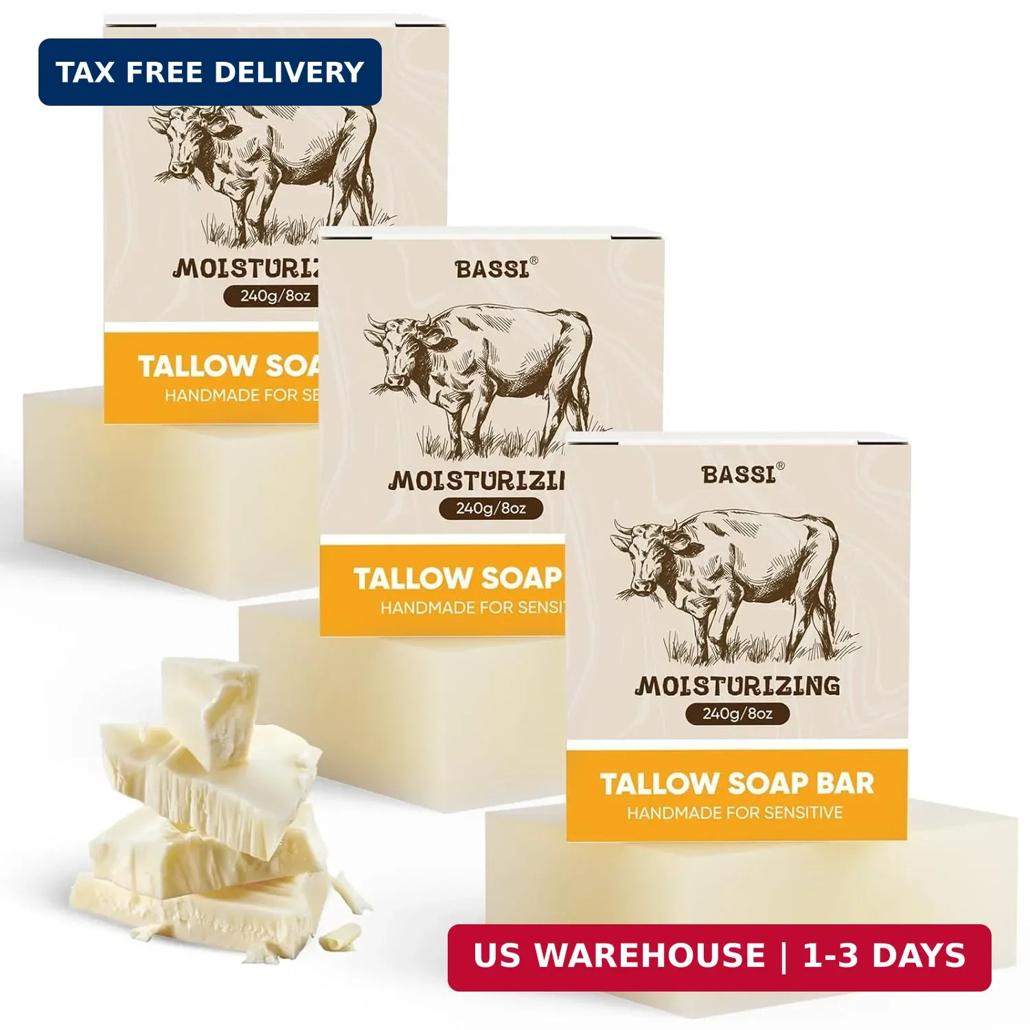 Beef Tallow Soap Bar, 2 Pack All Natural Grass Fed Tallow Soap, Moisturizing USA