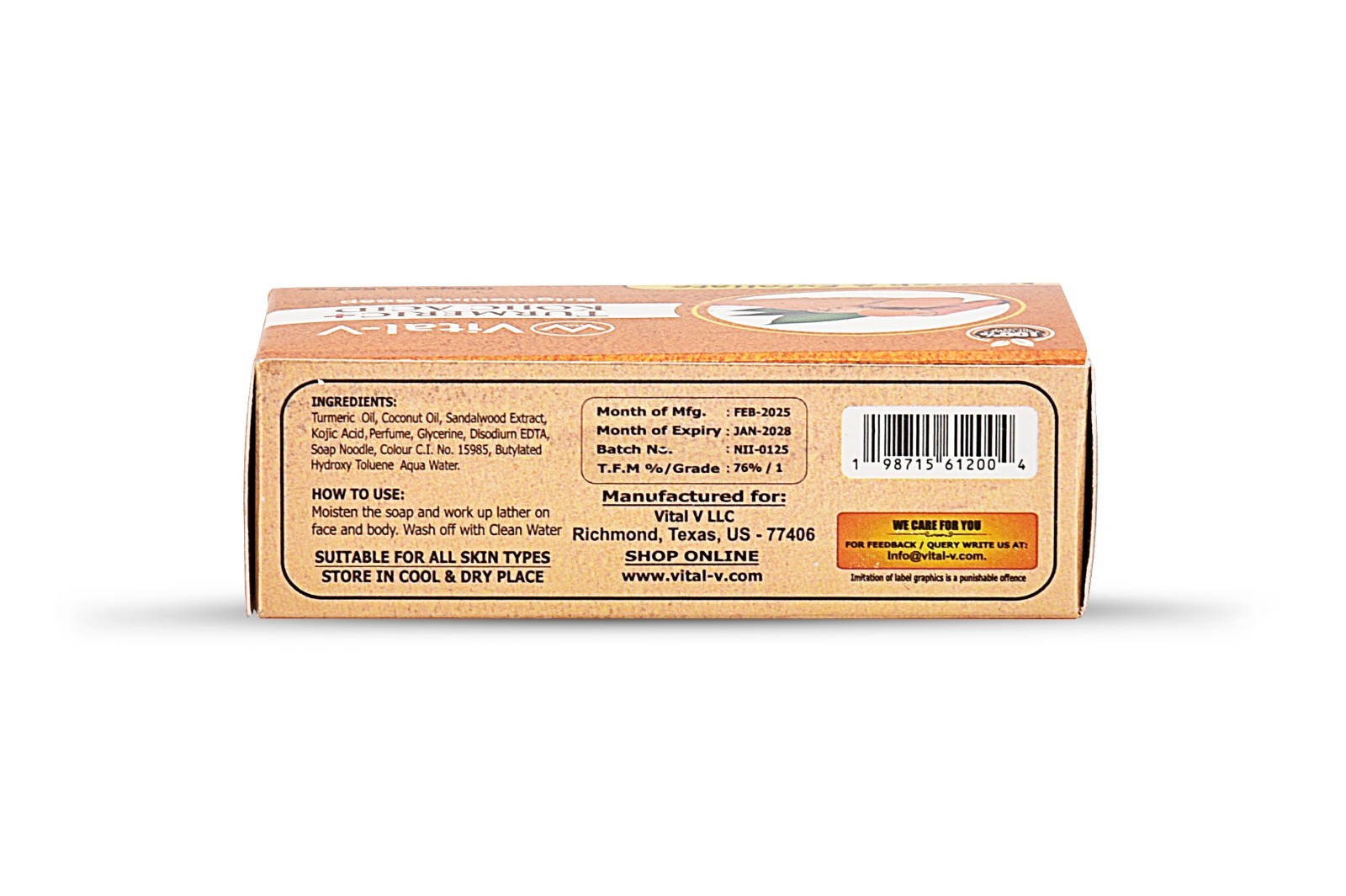 VITAL V Kojic &Turmeric Soap Bar (100g bar) 2- Packs For Face & Body – Natural