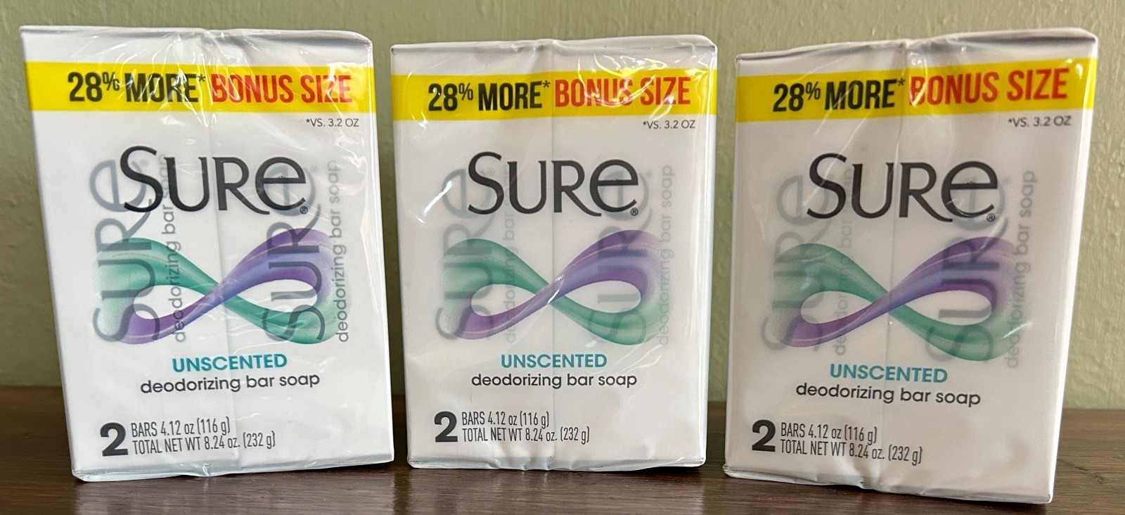 SURE Bar Soap 6 TOTAL bars UNSCENTED Deodorizing BONUS SIZE 4.12 oz each
