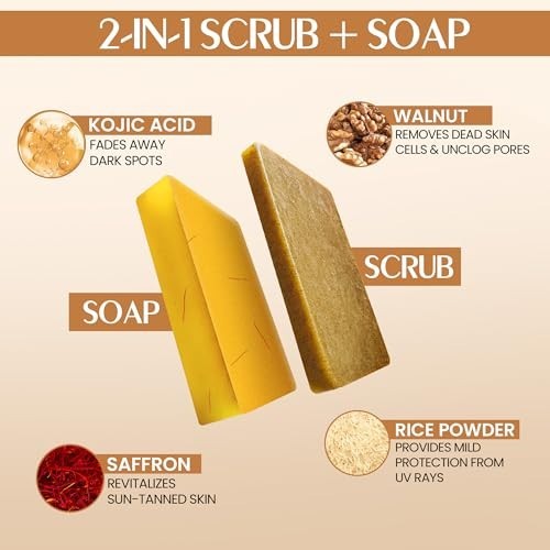 Kojic Acid Saffron Detan Scrub Soap Brightening Bath Bar Pack of 3 FS