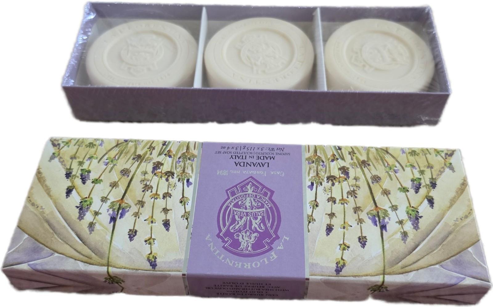 La Florentina Lavender Sculpted Soap Set Made in Italy 3x115g 4oz New NIB Sealed