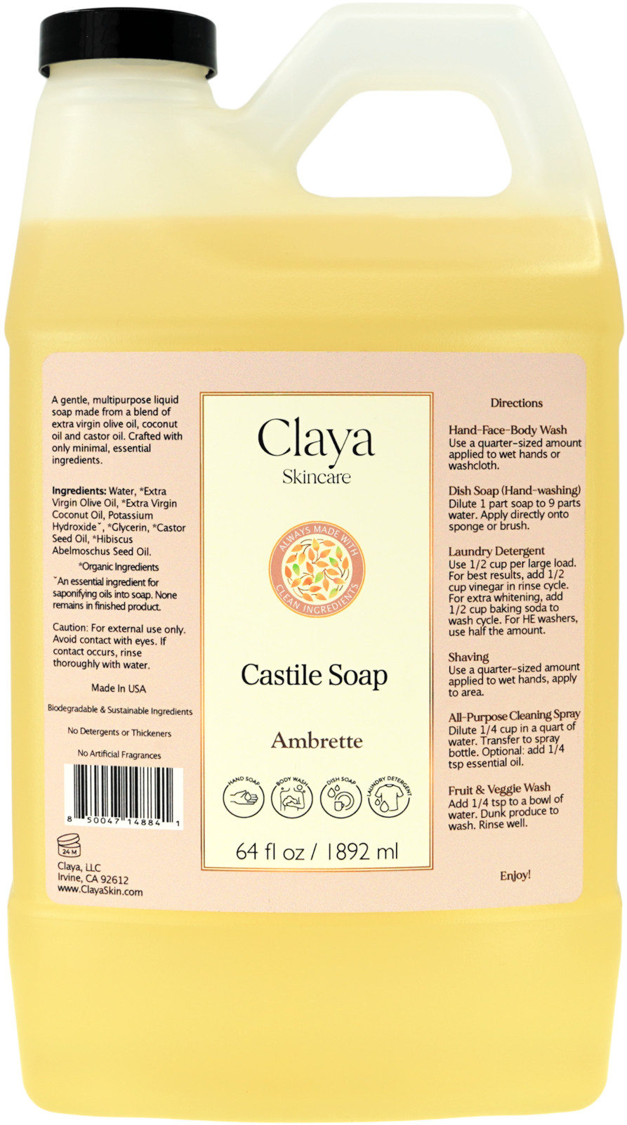 Ambrette Liquid Castile Soap – Organic ingredients, Gentle for sensitive skin