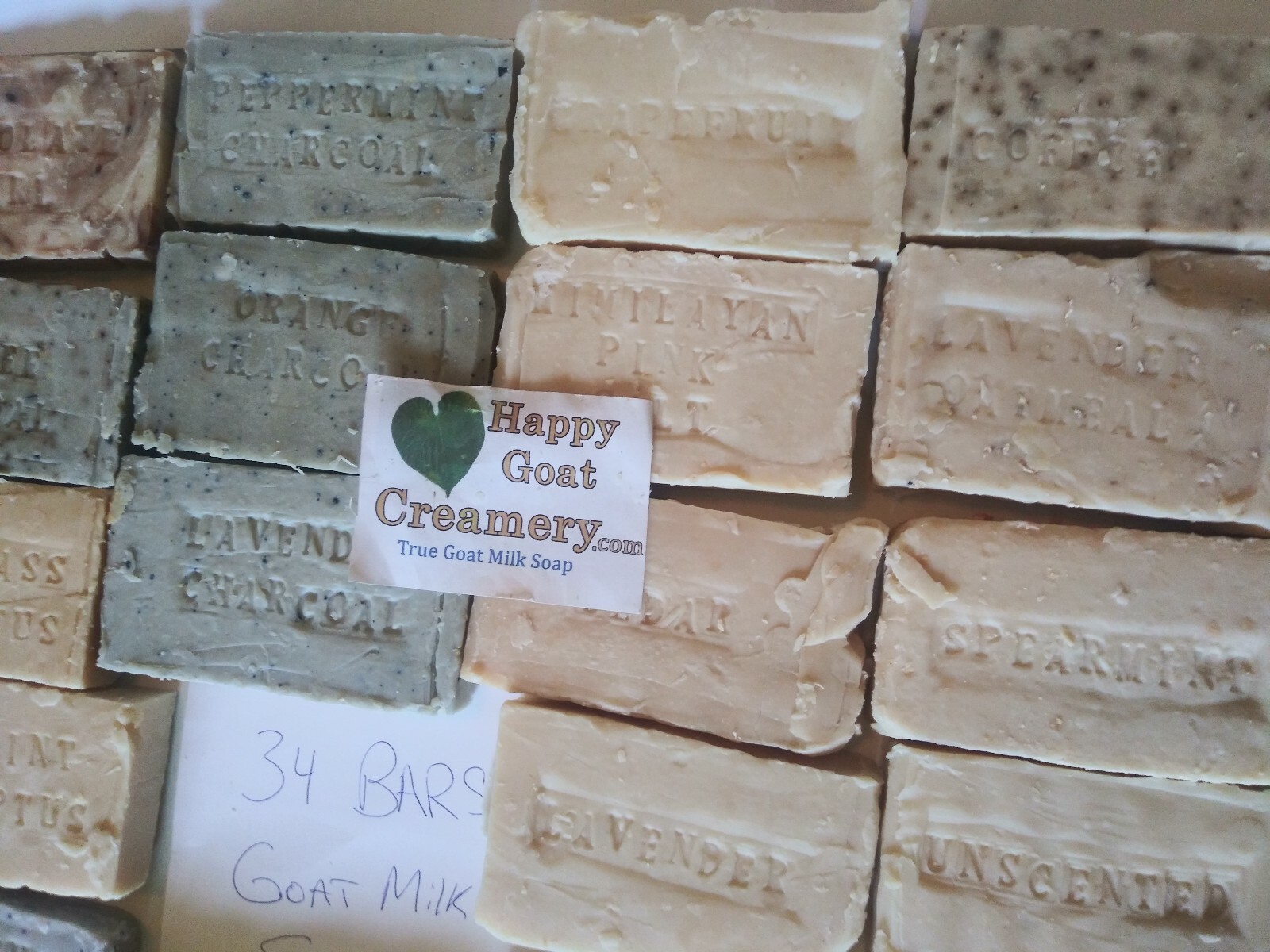 34 BARS GOAT MILK SOAP HAPPY GOAT CREAMERY LOTS OF BARS ALL DIFFERENT TYPES SOAP