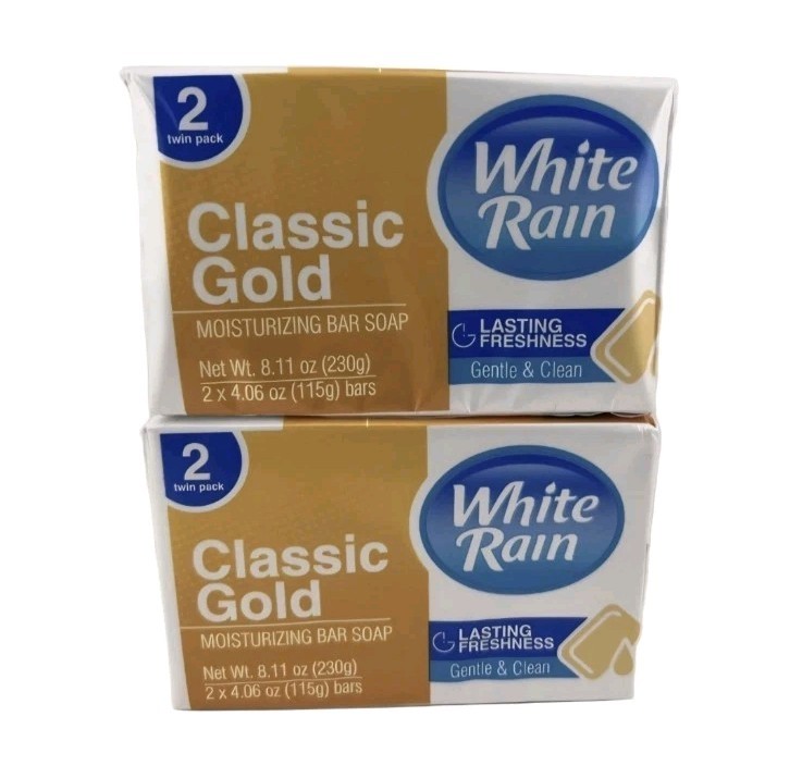 🧡 WHITE RAIN (4-BARS) 4.06 Oz 🧡🫧 ●CLASSIC GOLD● 🧡🫧 ≈MOISTURIZING≈ Soap 🫧 .