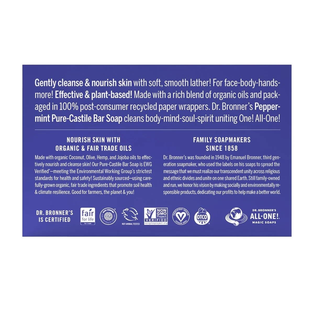 Dr Bronner’s Pure Castille Peppermint Bar Soap, 5 Ounce (Pack of 6)