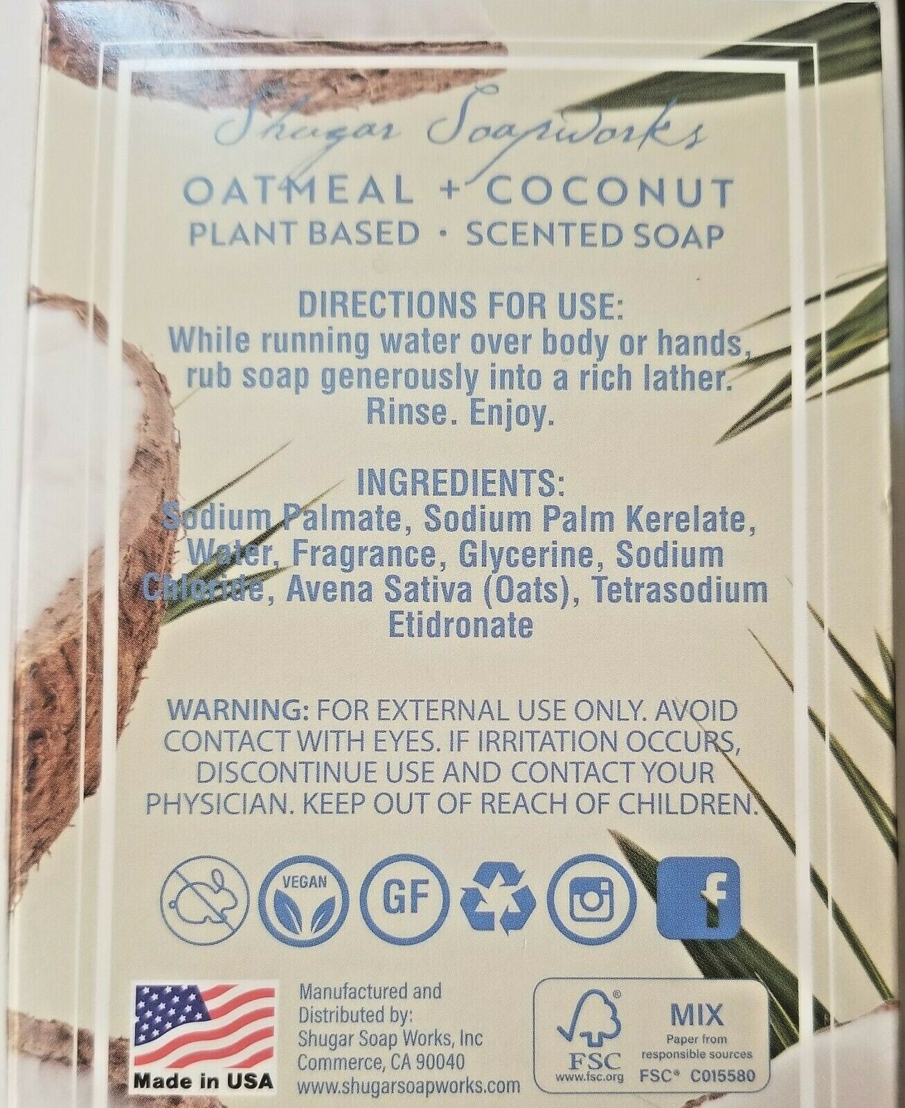 Shugar Soapworks Luxury Soap Huge Bath Bar Oatmeal Coconut 6.25 oz Vegan