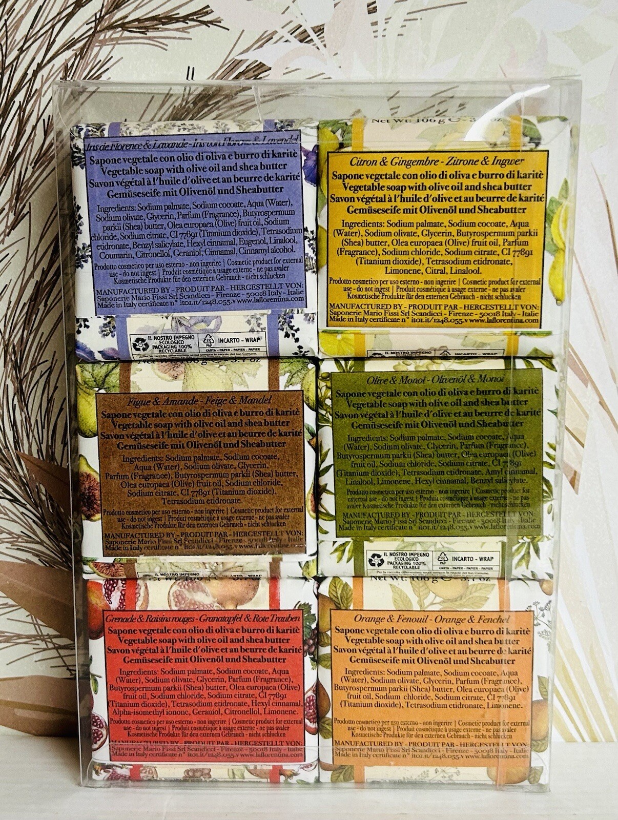 La Florentina Luxury Italian Soap Set of 6 – 3.7 oz Lavender, Fig, Orange, Lemon