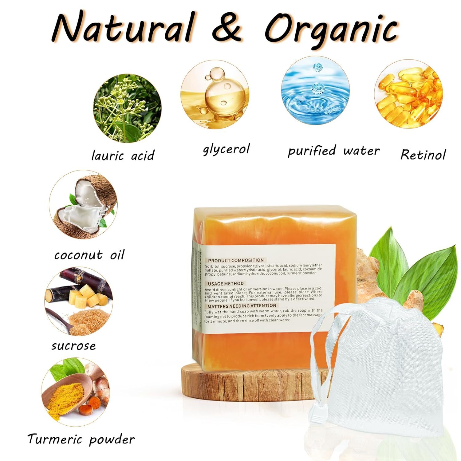 3Packs Turmeric Soap Bar, Organic Tumeric Soap for Face and Body, Lemon