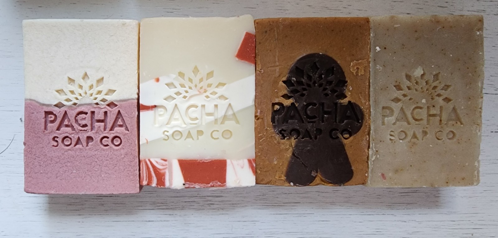 PACHA SOAP Set. Jasmine Gardenia, Peppermint,Dirty Hippie,Sugar & Spice-4oz Ea.