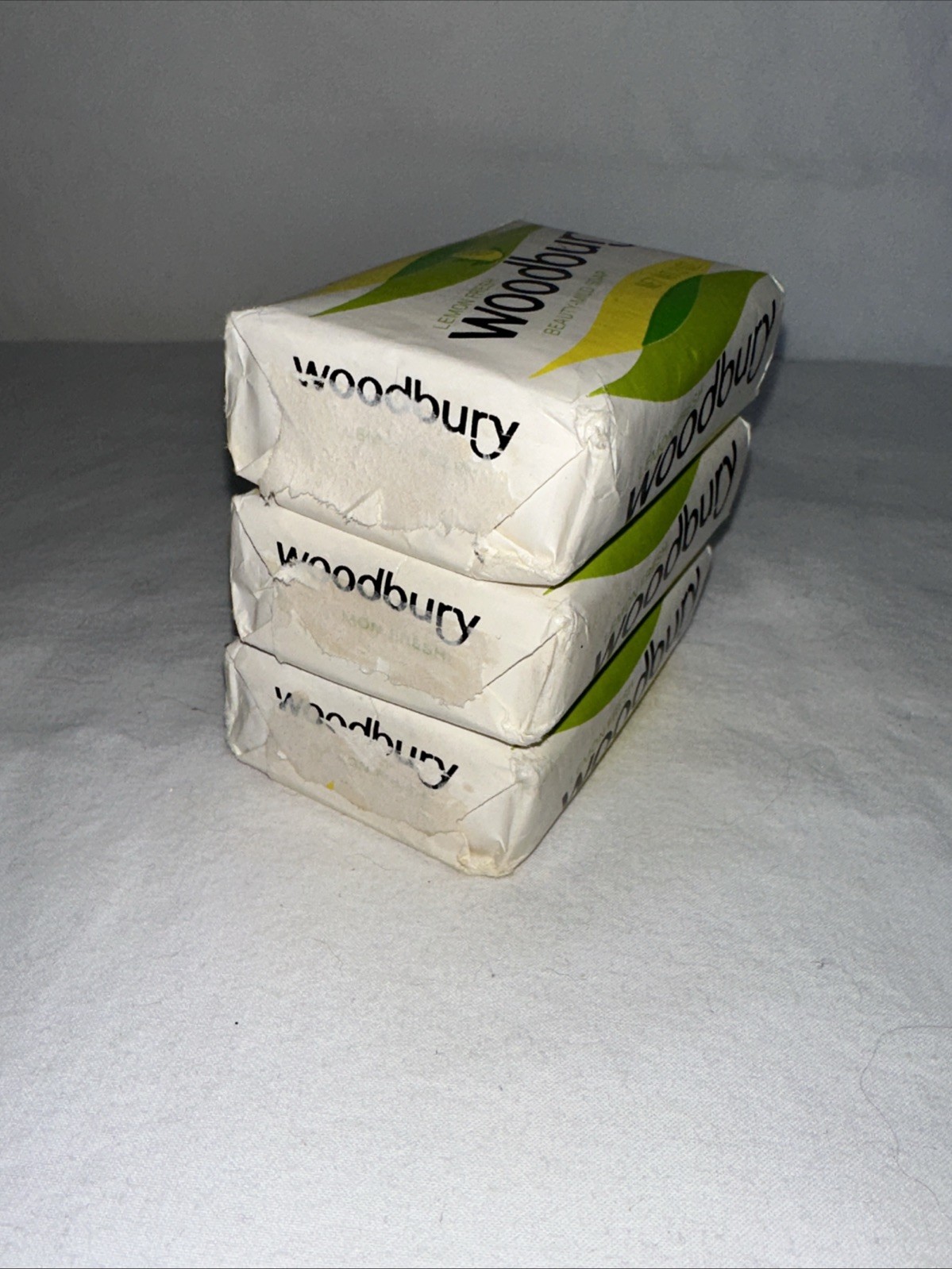 NOS 3 Bars Woodbury Beauty Soap Lemon Green White 3 oz Jergens 1960s Movie Prop