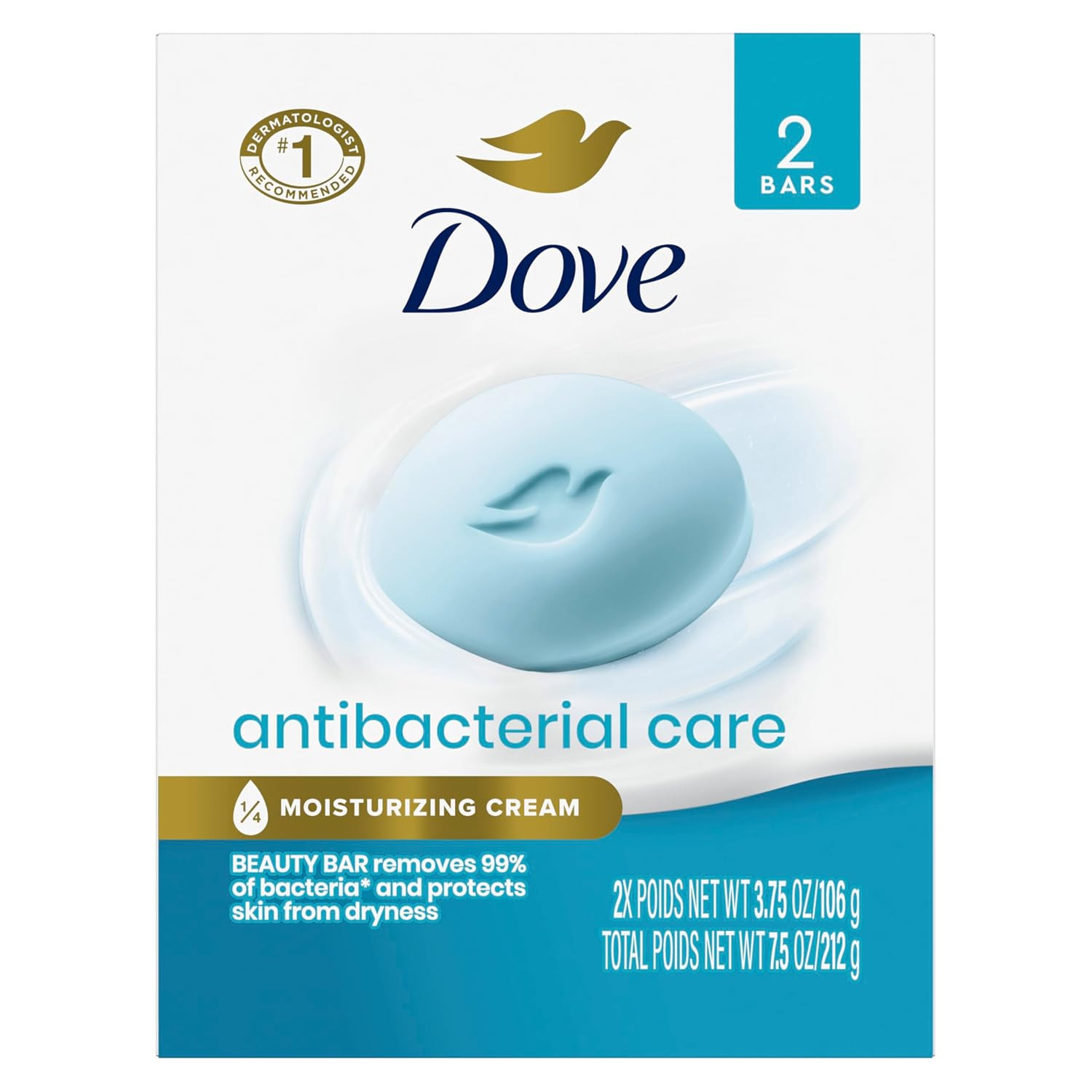 Beauty Bar Soap Antibacterial Care 2 Count for Clean, Moisturized Skin, Removes