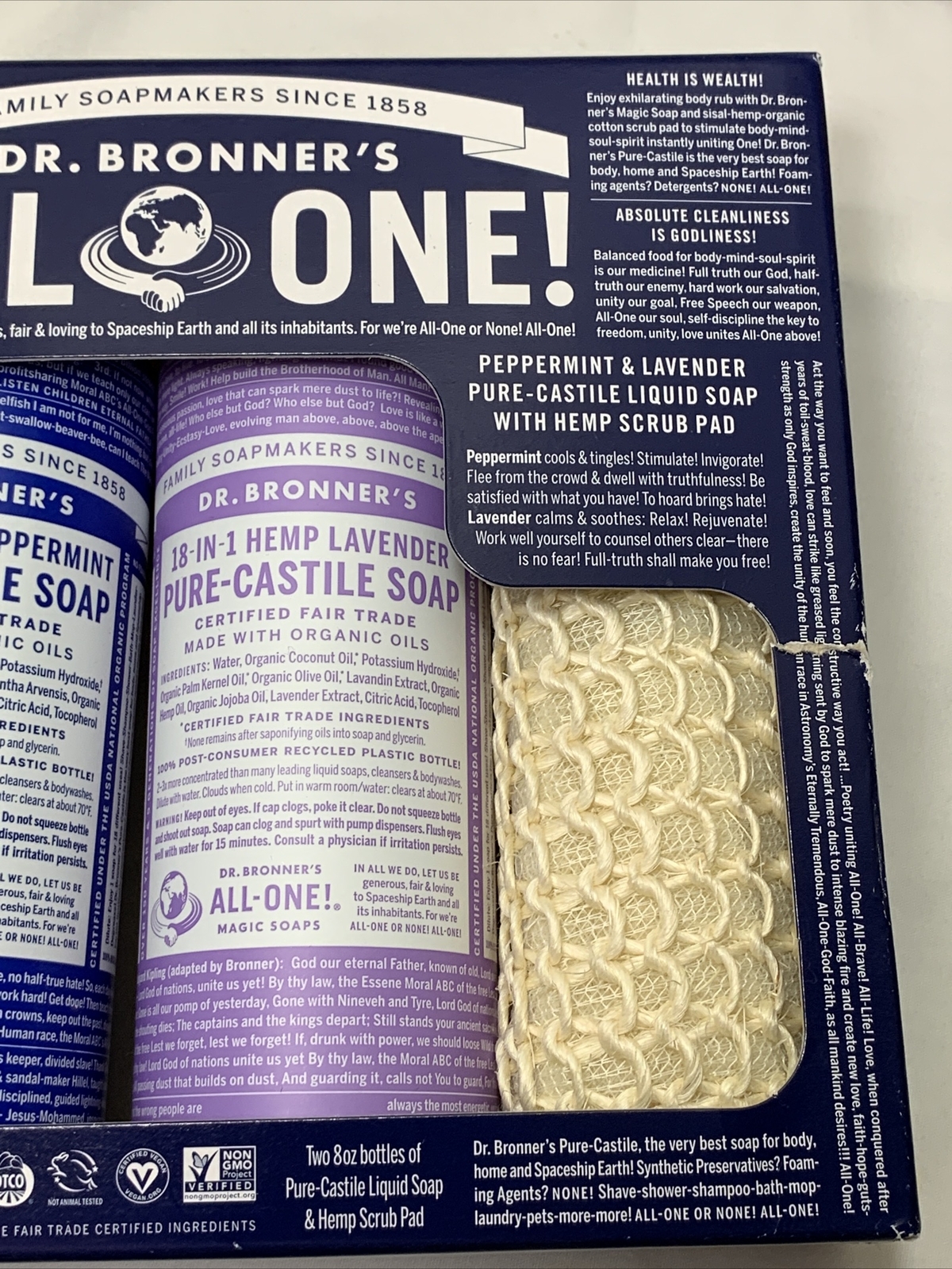 Dr Bronners Organic Liquid Soap Gift Set Peppermint Lavender Scrub Pad