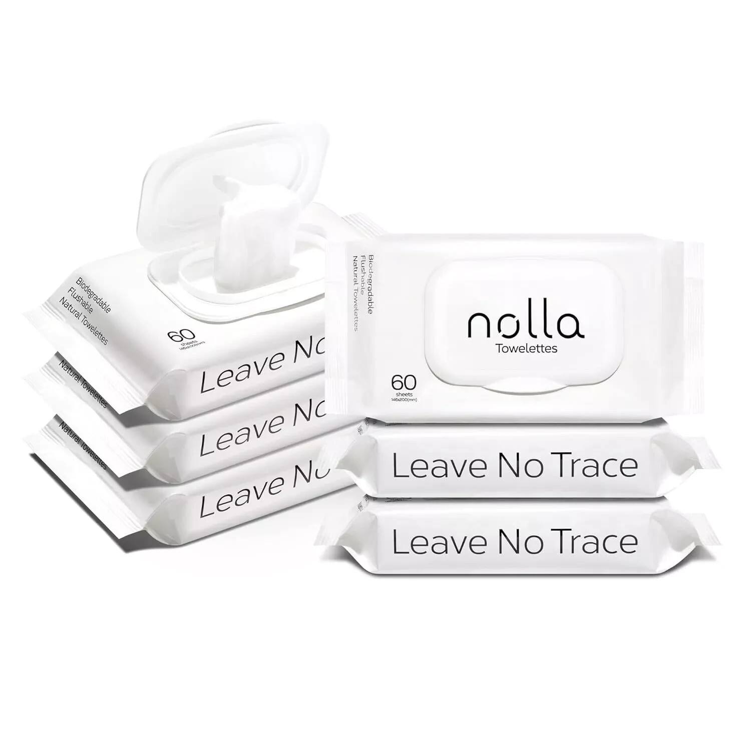 Nolla Flushable Wipes, 100% Plant-Based, Plastic-Free 60 Count (Pack of 6)