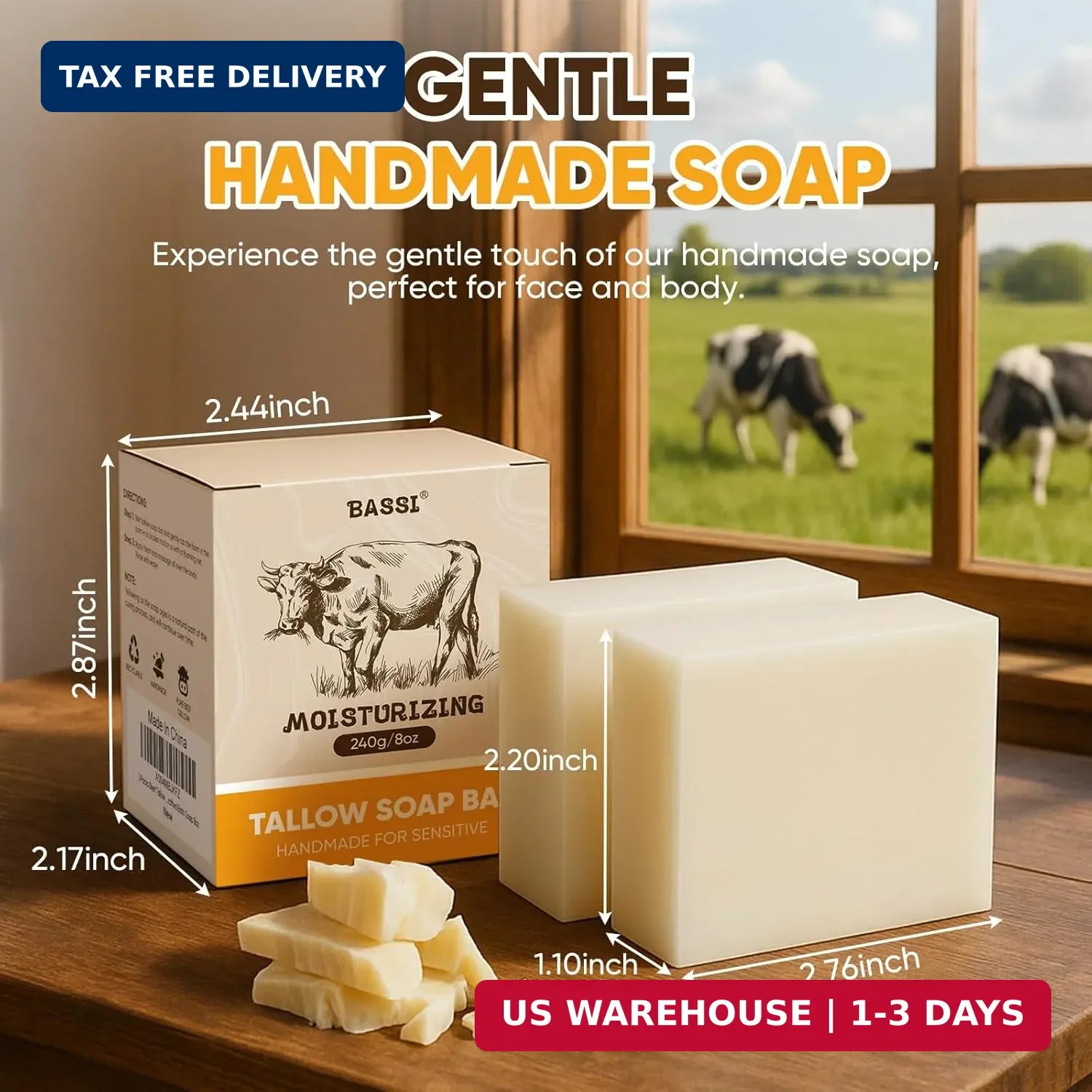 Beef Tallow Soap Bar, 2 Pack All Natural Grass Fed Tallow Soap, Moisturizing USA