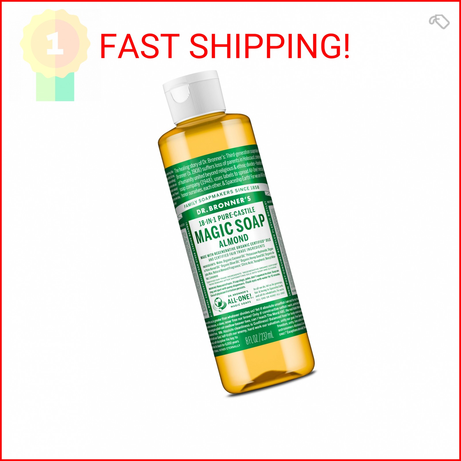 Dr. Bronner’s Pure-Castile Magic Soap Liquid (Almond, 8 Ounce) – Made with Regen