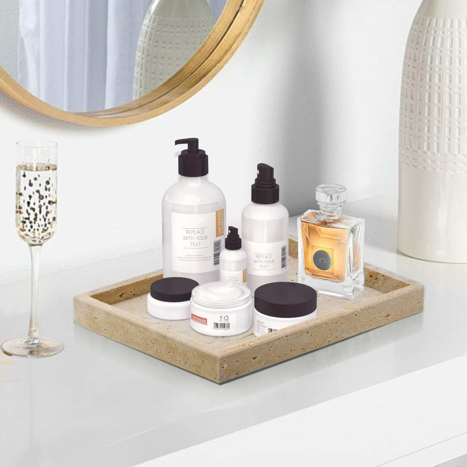 MULWR Travertine Tray,Bathroom Vanity Tray Non-Ceramic/Non-Resin,Marble Perfume