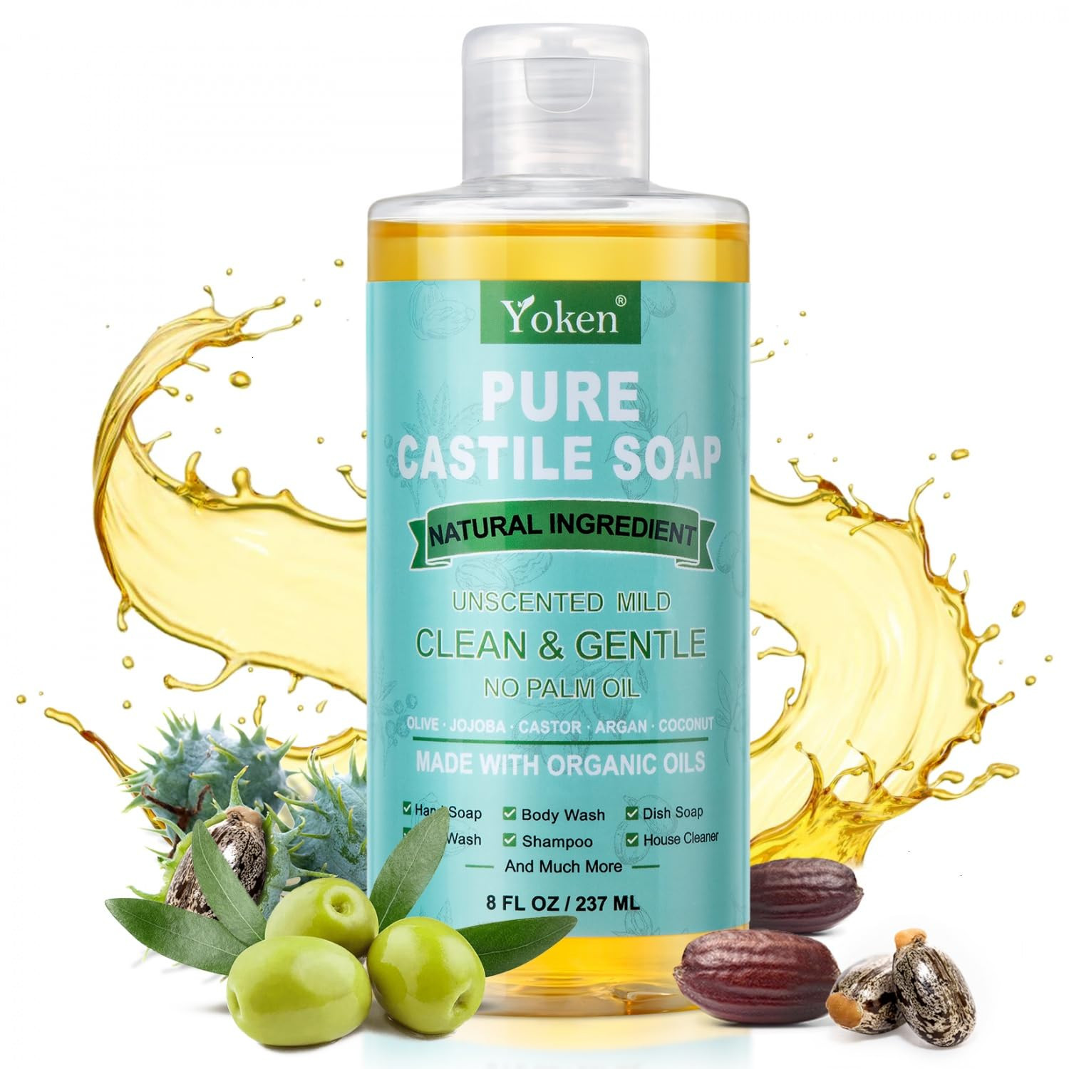 Pure Castile Liquid Soap 8 Oz Unscented with Organic Oil EWG Verified