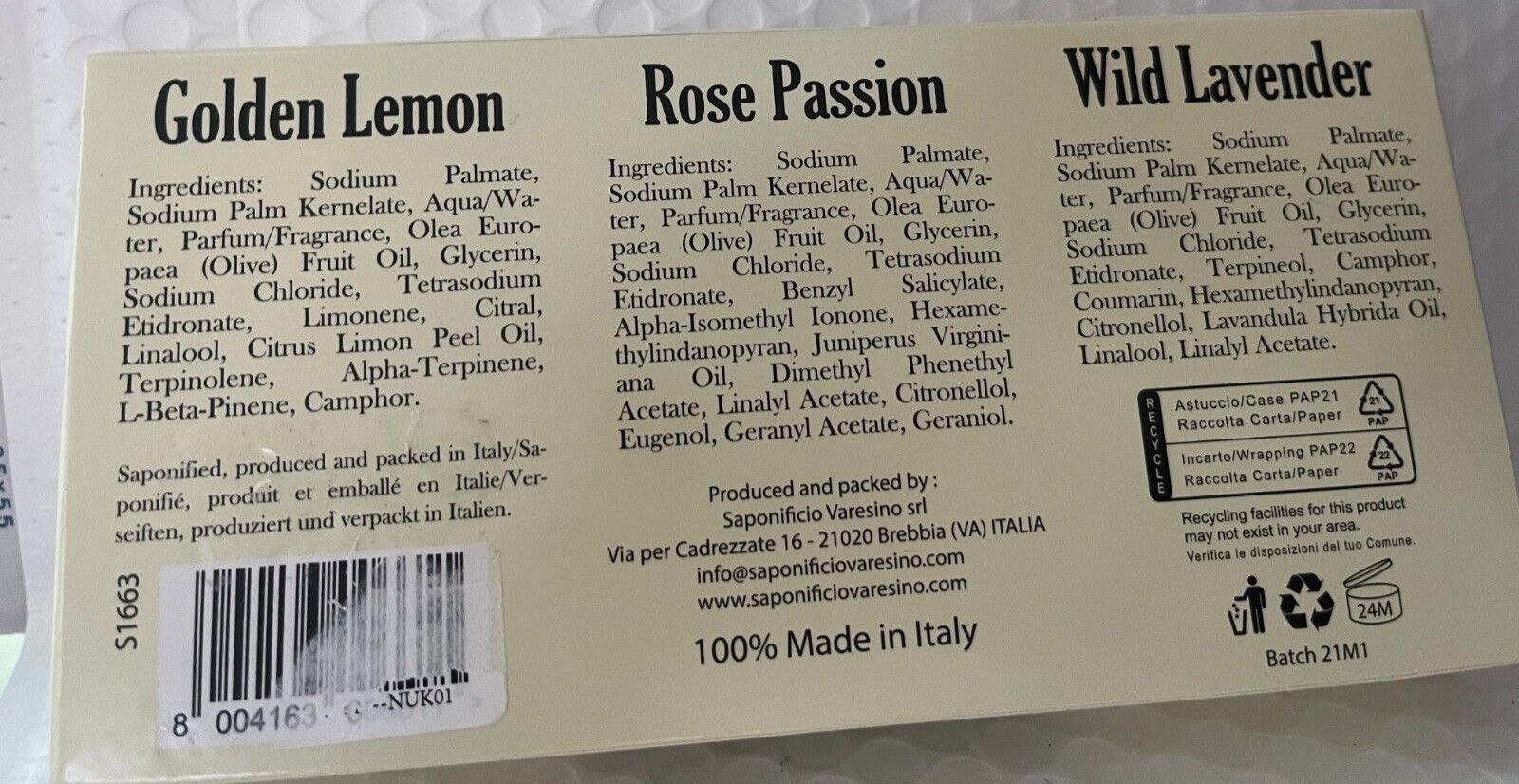 SAPONIFICIO VARESINO FLORAL COLLECTION,LAVENDER,ROSE,GOLDEN LEMON 5.25 EACH NIB