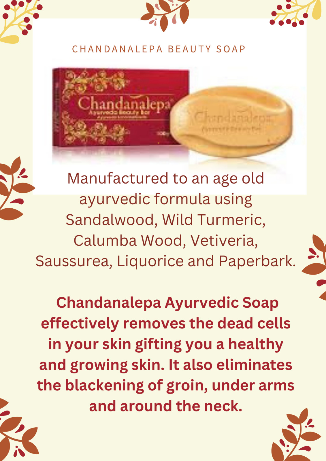 Ayurvedic Beauty Soap Herbal Ceylon Chandanalepa Body Face 100g Pimple Care