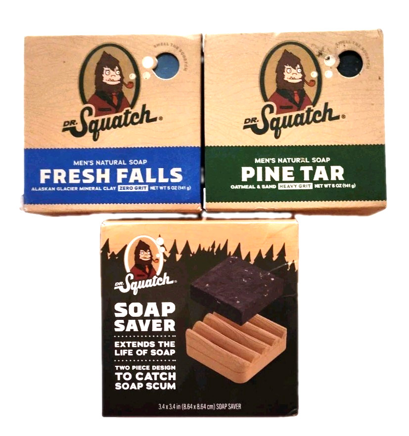 3 Pc Dr. Squatch Personal Care Items 2 Soaps Pine Tar Fresh Fall 1 Soap Dish