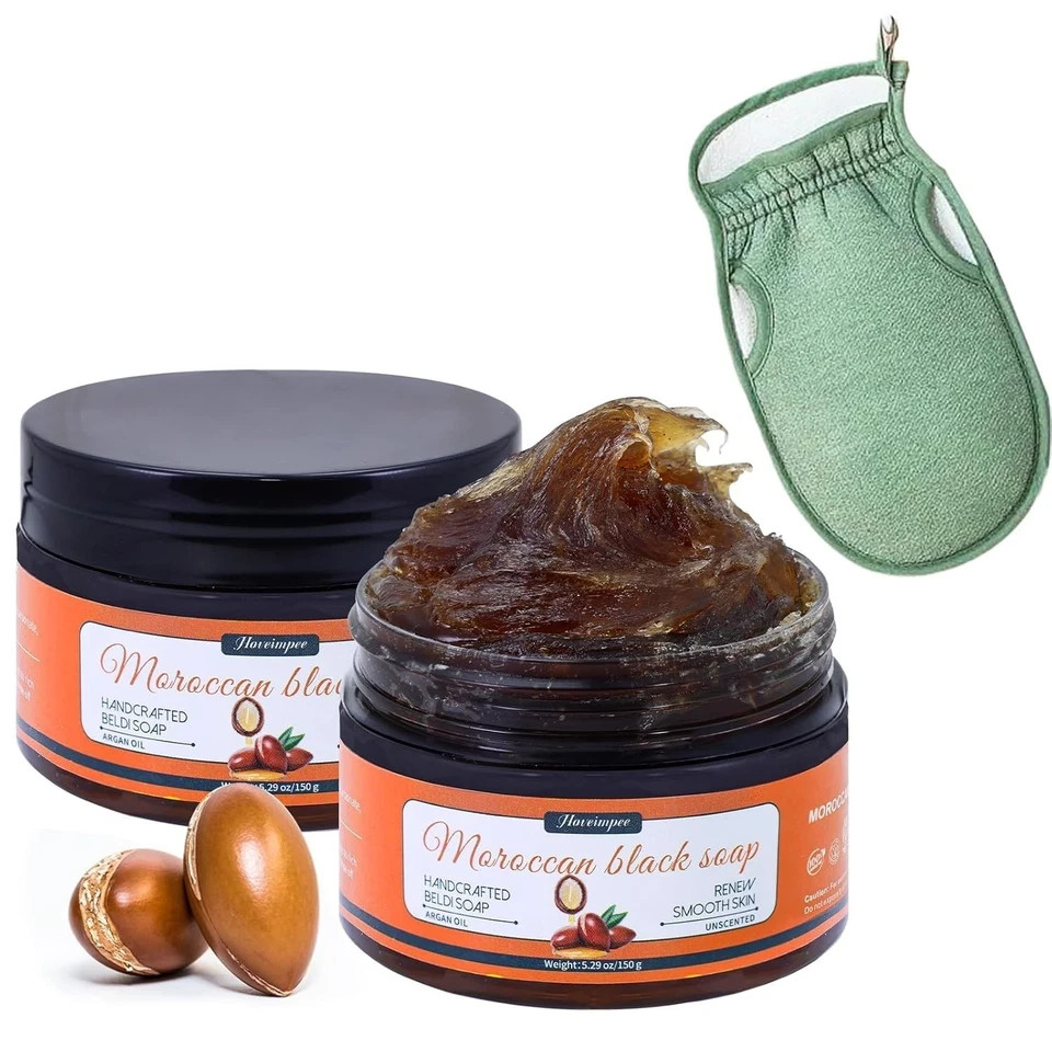 2 Pack Organic Moroccan Black Soap Soften Skin, Moisturizing Beldi Soap 5.29 oz