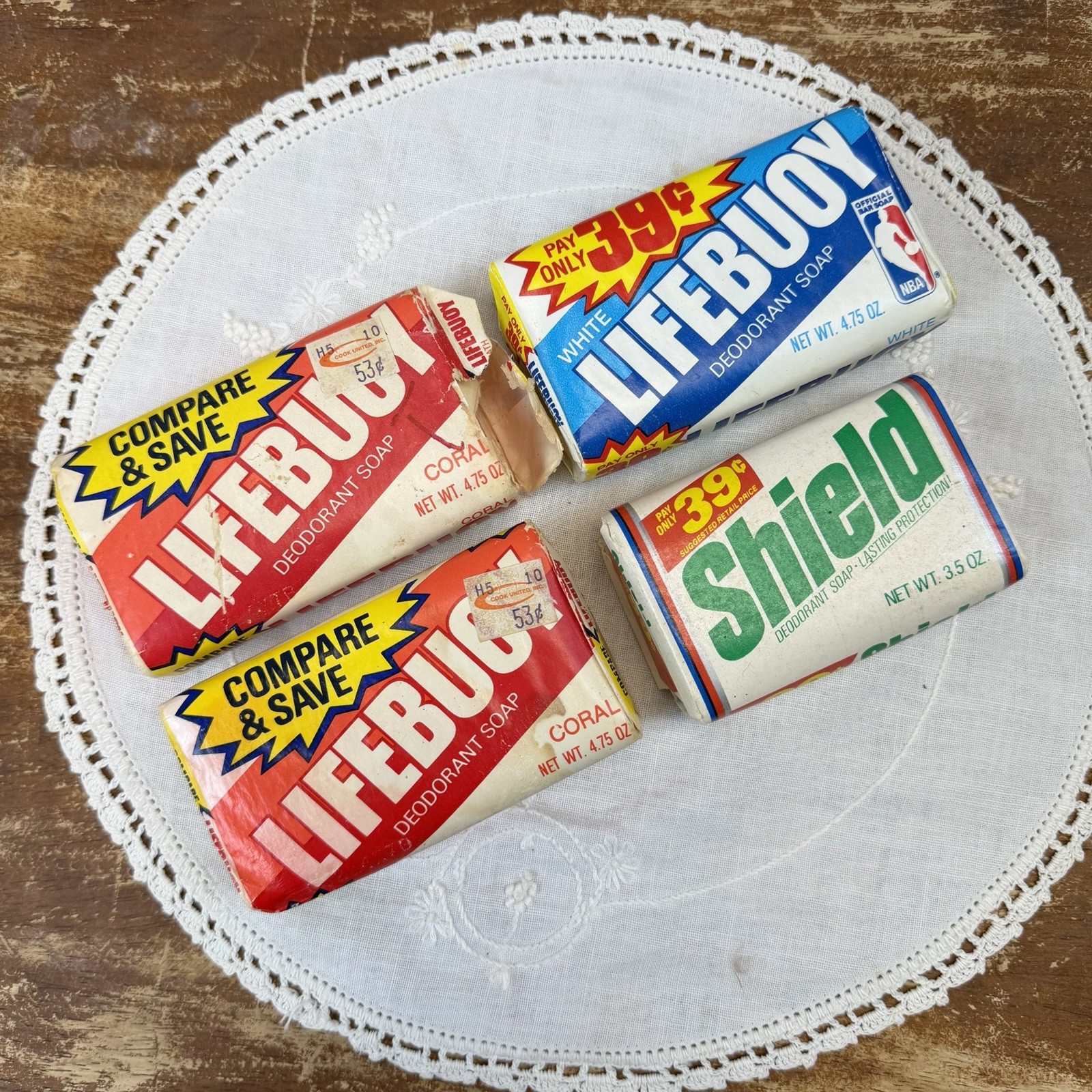 Lot of 4 Vtg Lifebuoy/Shield Deodorant Soap Bars Coral Bath Size 4.75 Oz. Ea.